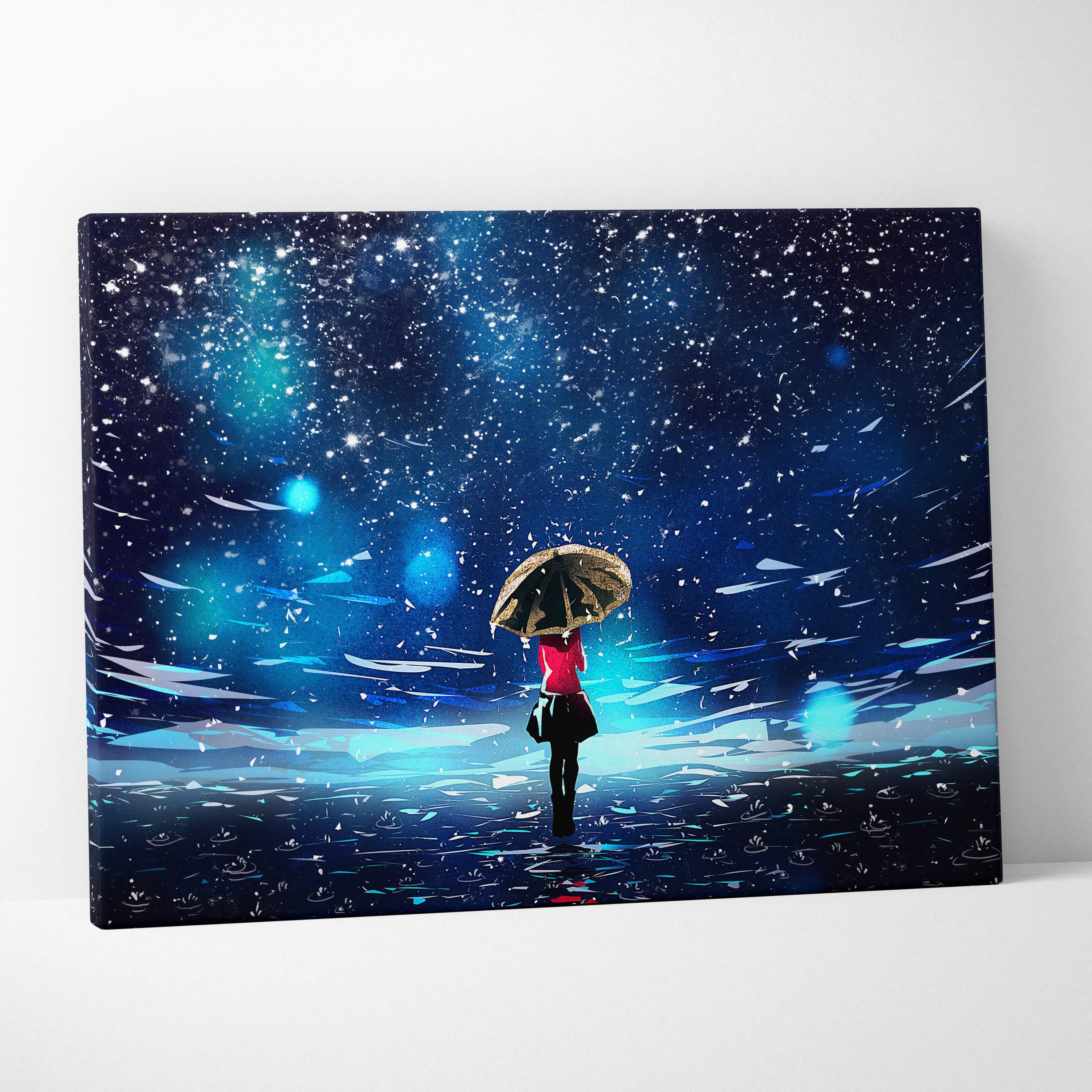 A canvas print featuring a girl in a red top with a blue starry umbrella under a glowing cosmic night sky for cozy decor