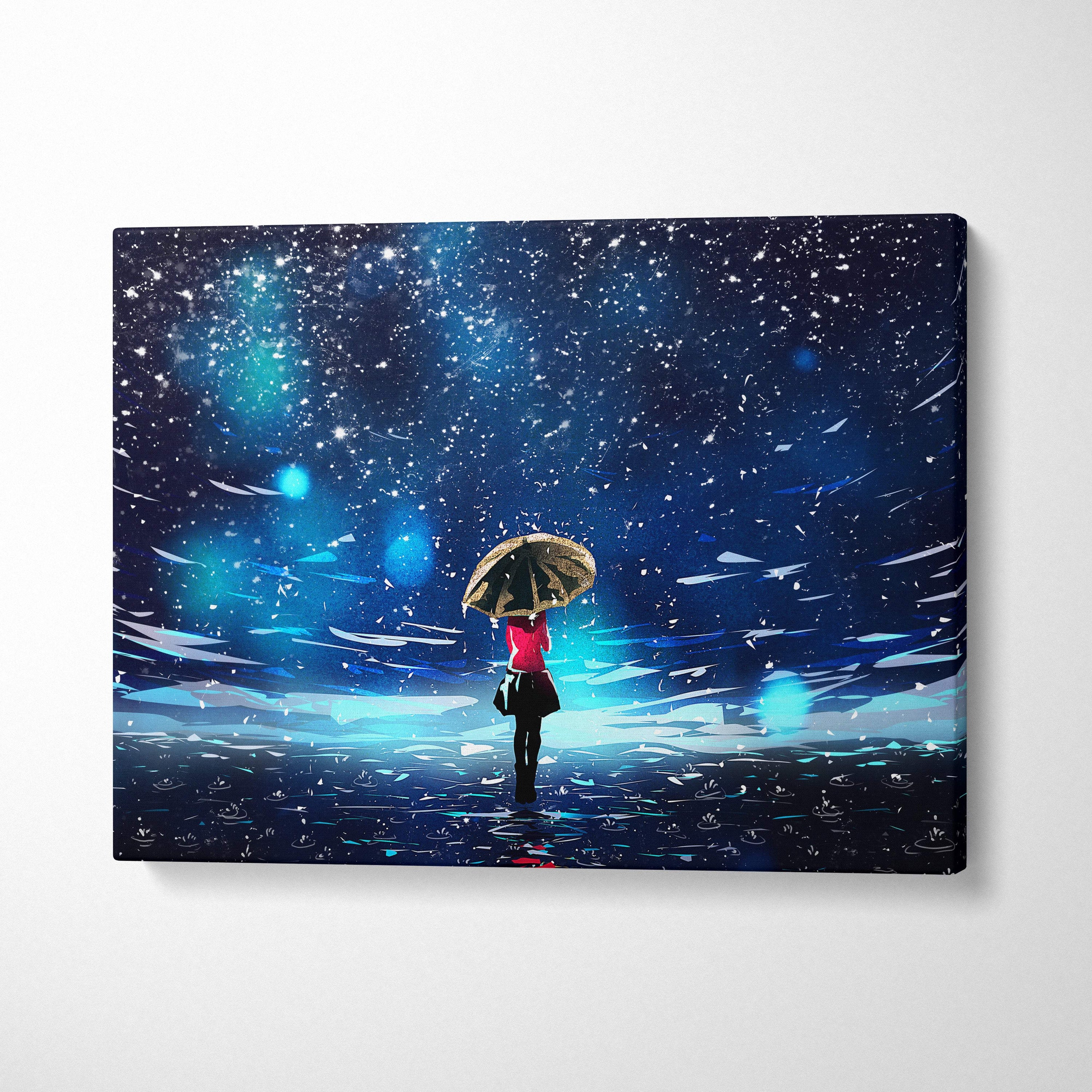 A rectangular canvas print featuring a red figure holding an umbrella under a blue starry snowy night sky