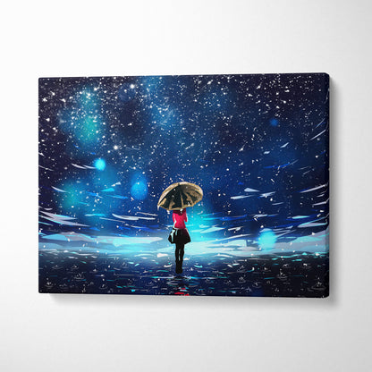 A rectangular canvas print featuring a red figure holding an umbrella under a blue starry snowy night sky