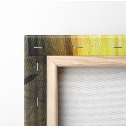 Light wooden frame holding a canvas with abstract yellow and green brushstrokes for fantasy warrior wall art