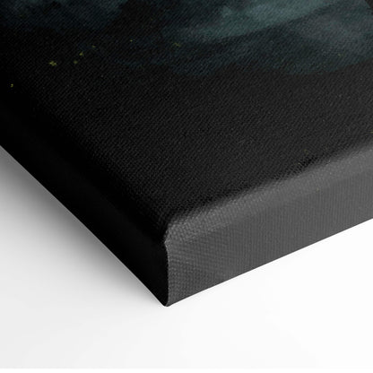 Black canvas print with textured surface and subtle gold flecks featuring dark gothic huntress silhouette in foggy graveyard