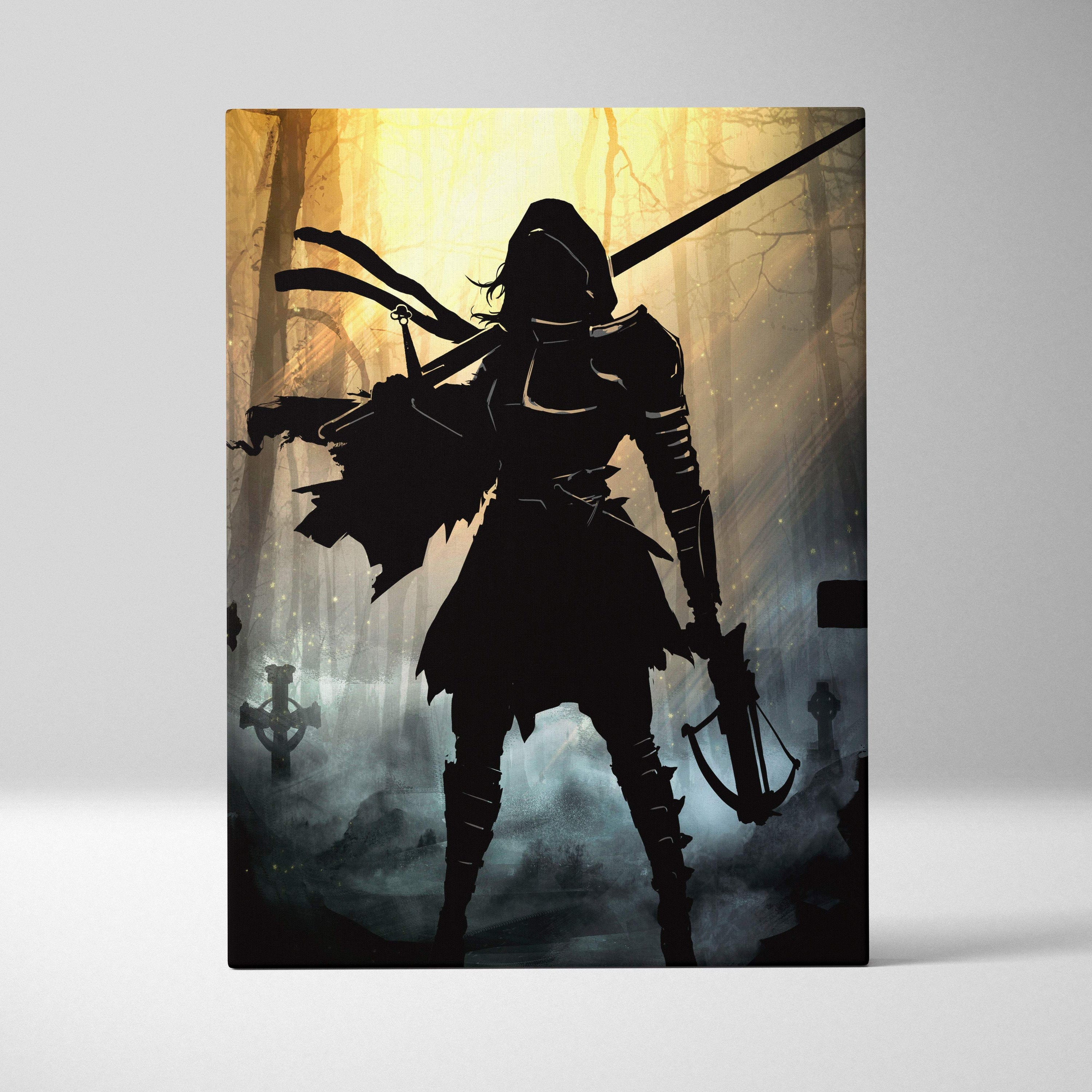 Black silhouette canvas print of a gothic warrior with sword and crossbow in a golden misty forest backdrop