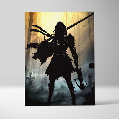 Black silhouette canvas print of a gothic warrior with sword and crossbow in a golden misty forest backdrop