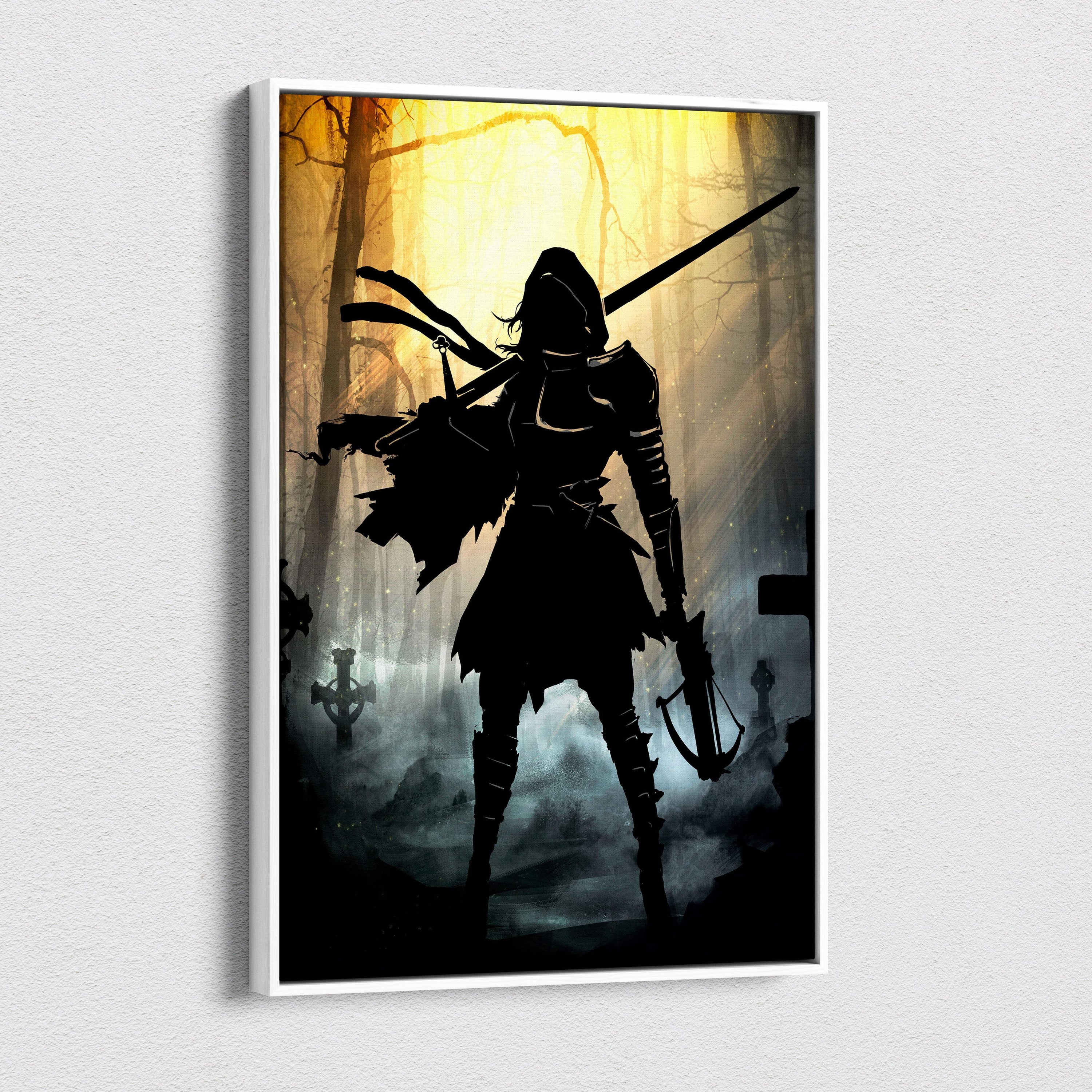 Black silhouette canvas print of a fantasy warrior holding sword and crossbow with white border and moody forest scene