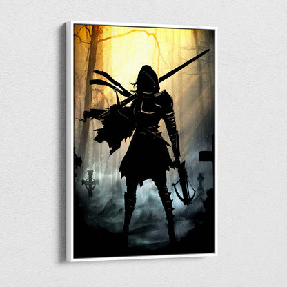Black silhouette canvas print of a fantasy warrior holding sword and crossbow with white border and moody forest scene