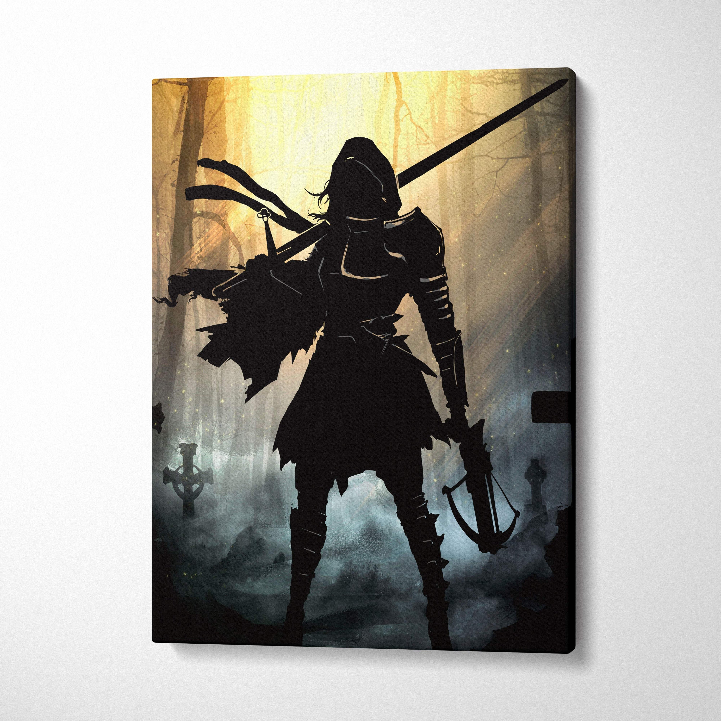 Black silhouette canvas print of a dark gothic huntress with sword and crossbow in a moody foggy forest with golden light