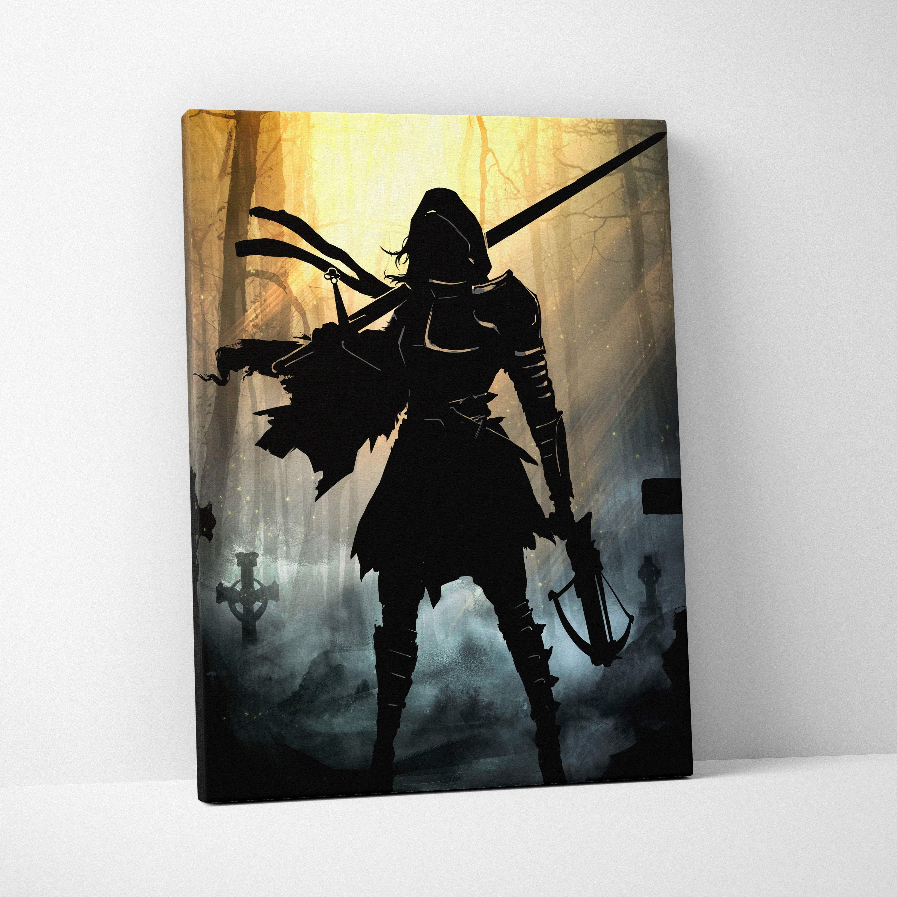 Black silhouette canvas print of a gothic warrior with sword and crossbow against a golden misty forest backdrop