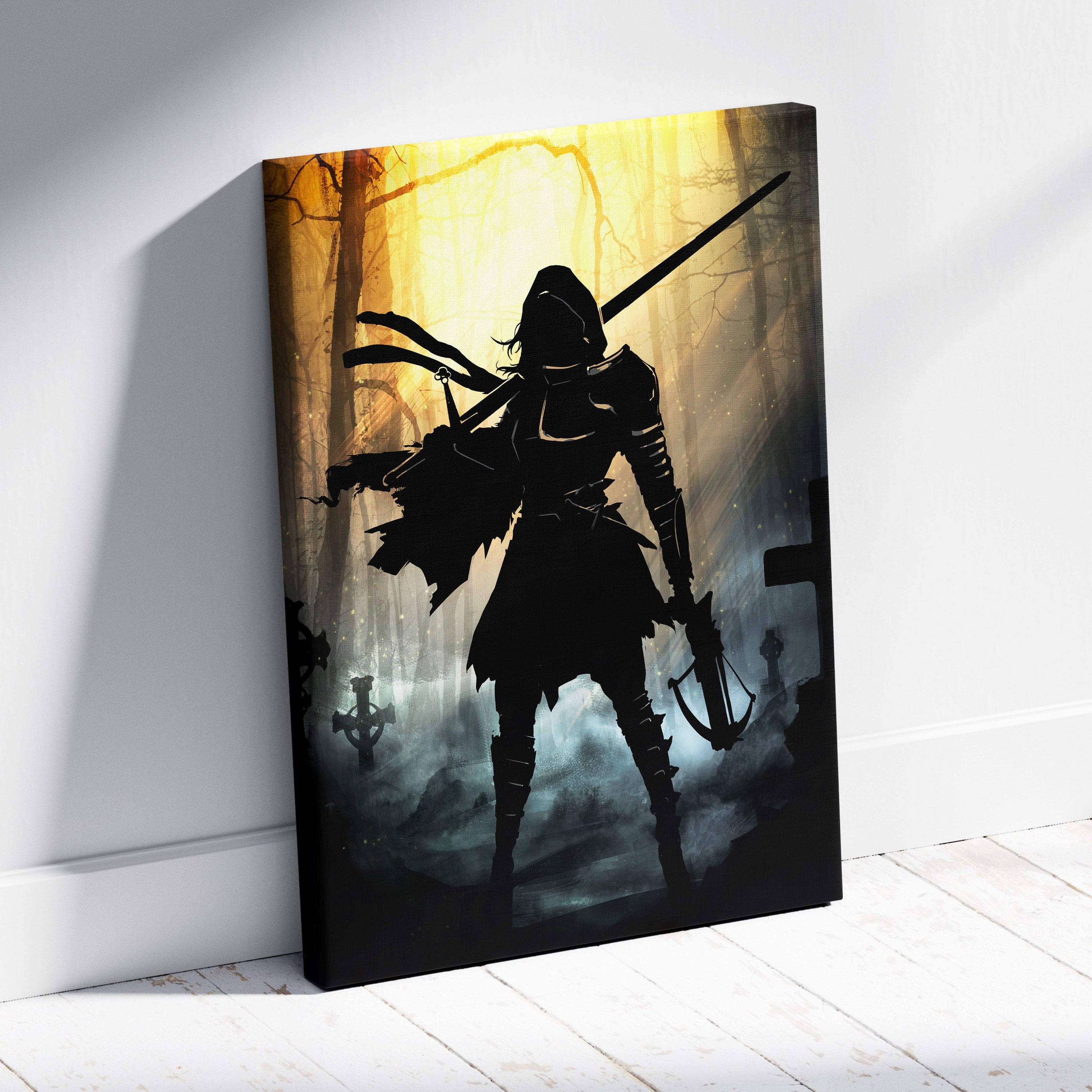 Black canvas print with dark gothic huntress silhouette holding sword and crossbow against golden forest backdrop