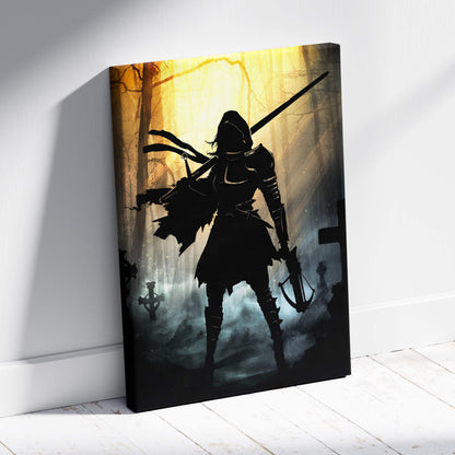 Black canvas print with dark gothic huntress silhouette holding sword and crossbow against golden forest backdrop