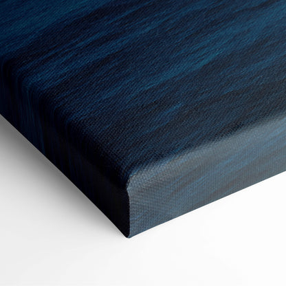 Minimalist ocean sunset canvas wall art print featuring deep blue abstract textured brushstrokes for modern decor