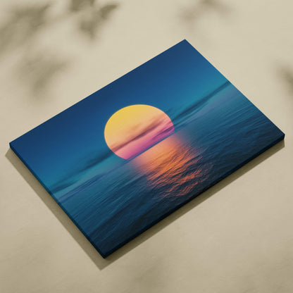 Minimalist ocean sunset canvas wall art print with vibrant yellow and pink sun over deep blue water on textured surface
