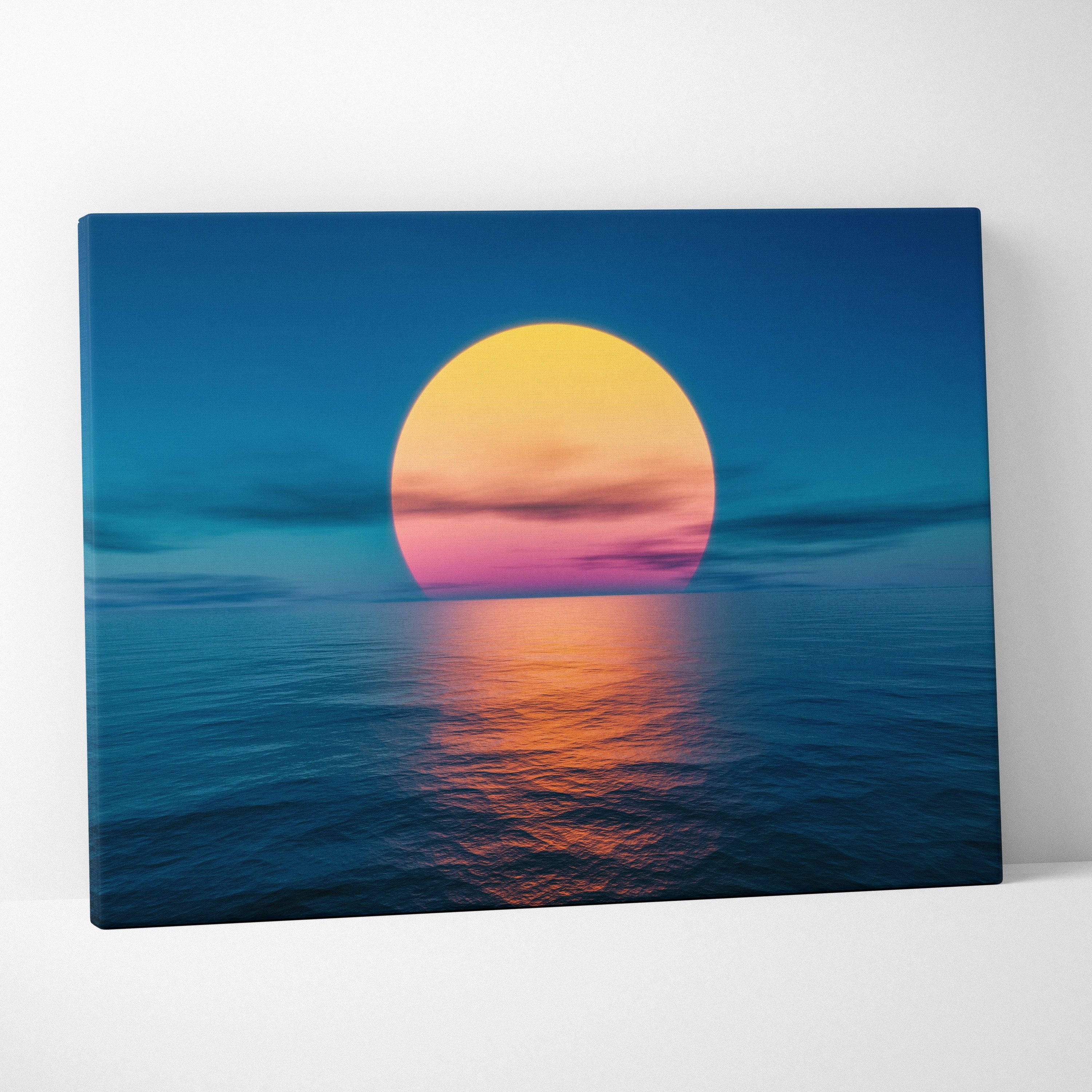 Minimalist ocean sunset canvas wall art print with vibrant orange and pink sun over blue waters for modern decor