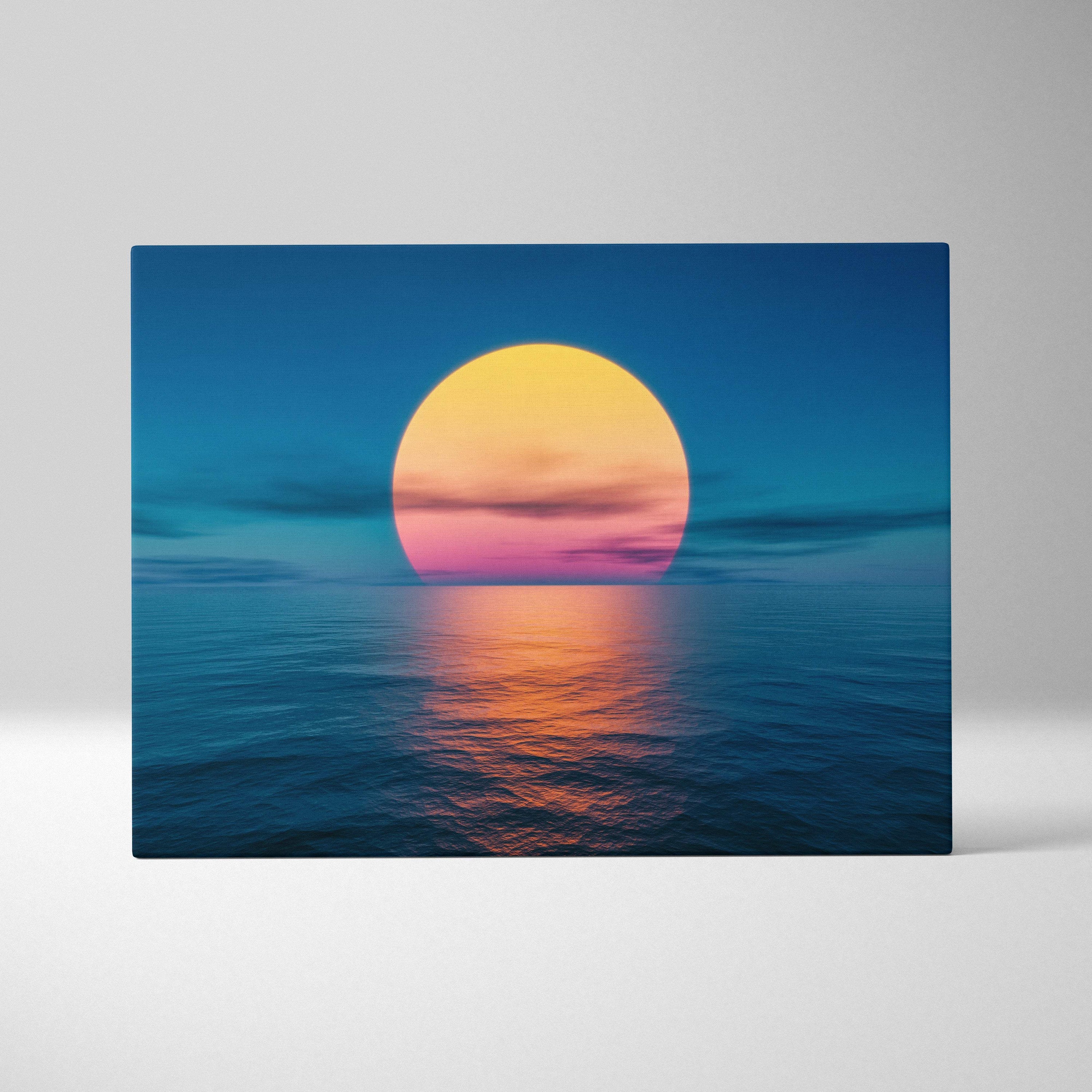 Minimalist ocean sunset canvas wall art print featuring a vibrant yellow and pink sun over calm blue ocean waters