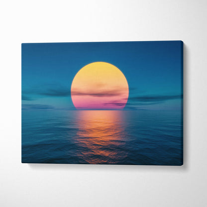 Minimalist ocean sunset canvas wall art print with vibrant yellow and pink sun reflecting on deep blue water