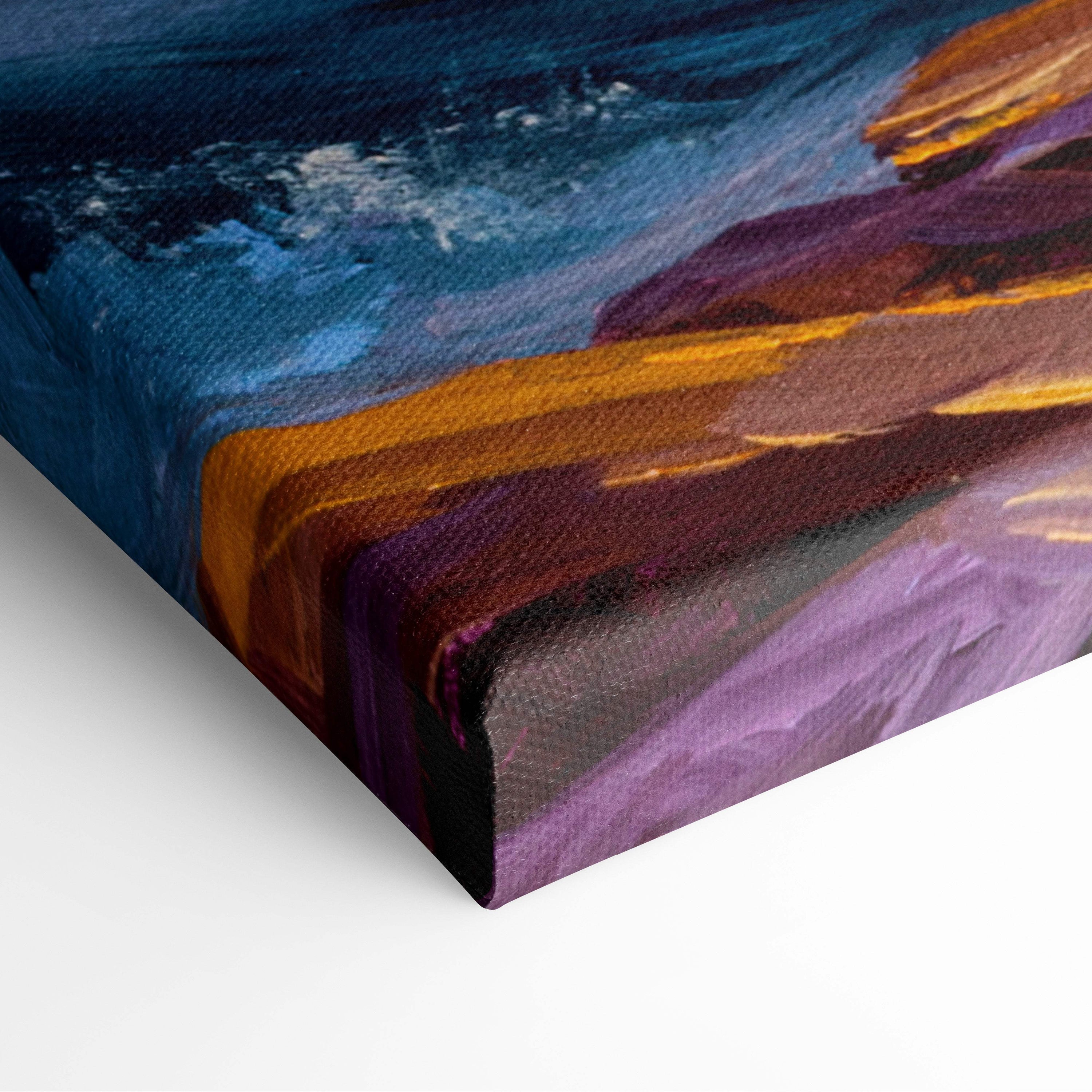 Textured ocean wave sunset painting style wall art with bold blue purple and golden orange strokes on canvas print