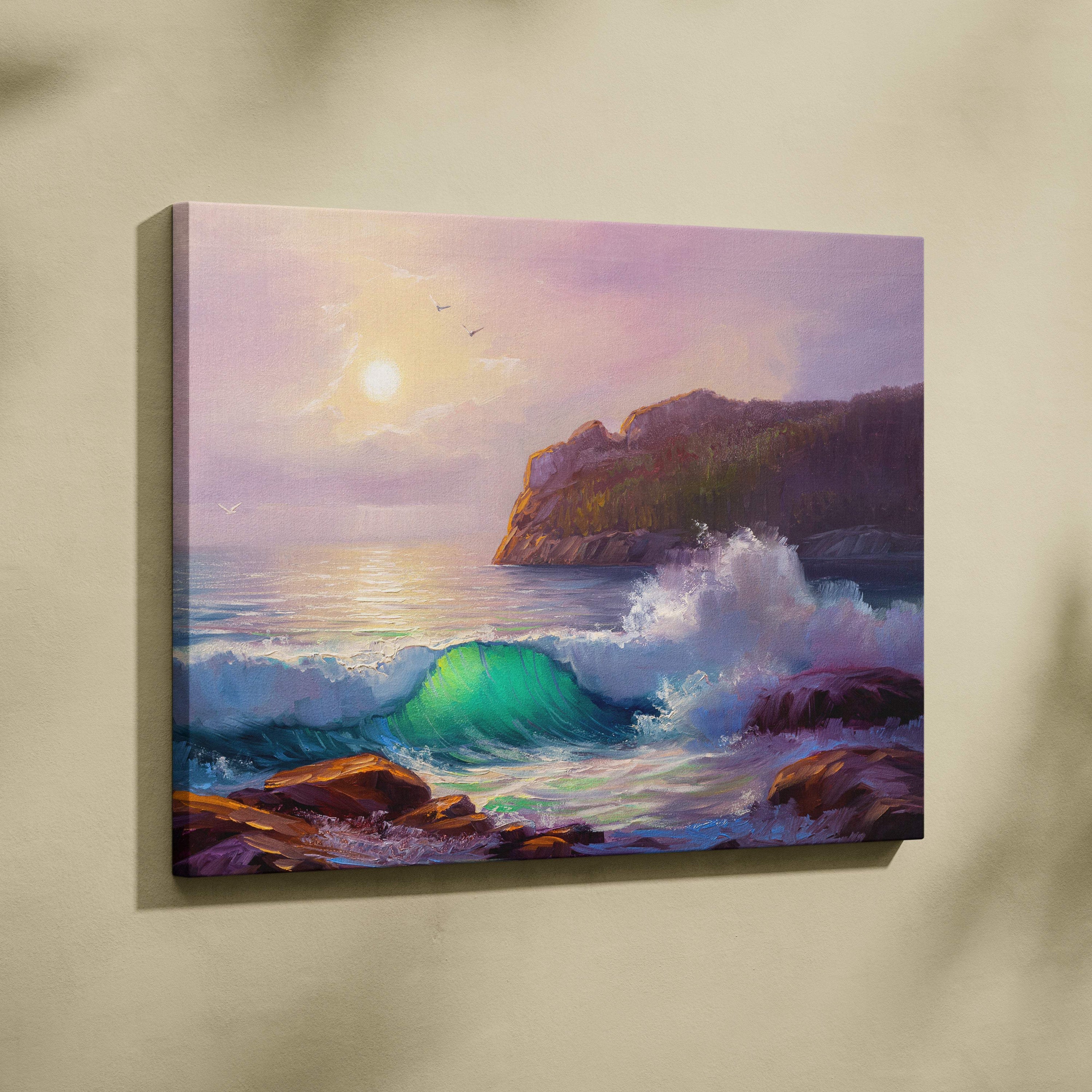 Ocean wave sunset painting style wall art canvas print with turquoise wave crashing rocks under pink and gold sky