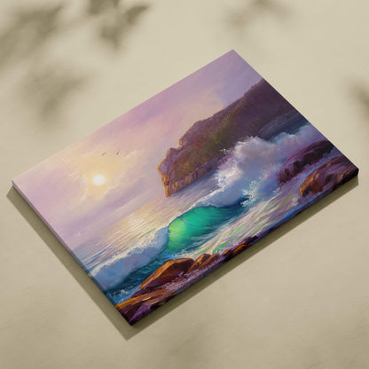 Ocean wave sunset painting style wall art canvas print with vibrant coastal cliffs and glowing seascape colors