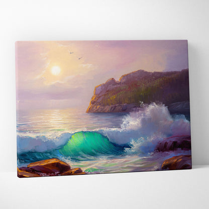 Ocean wave sunset painting style wall art featuring turquoise and white waves on canvas with coastal cliffs and seascape glow