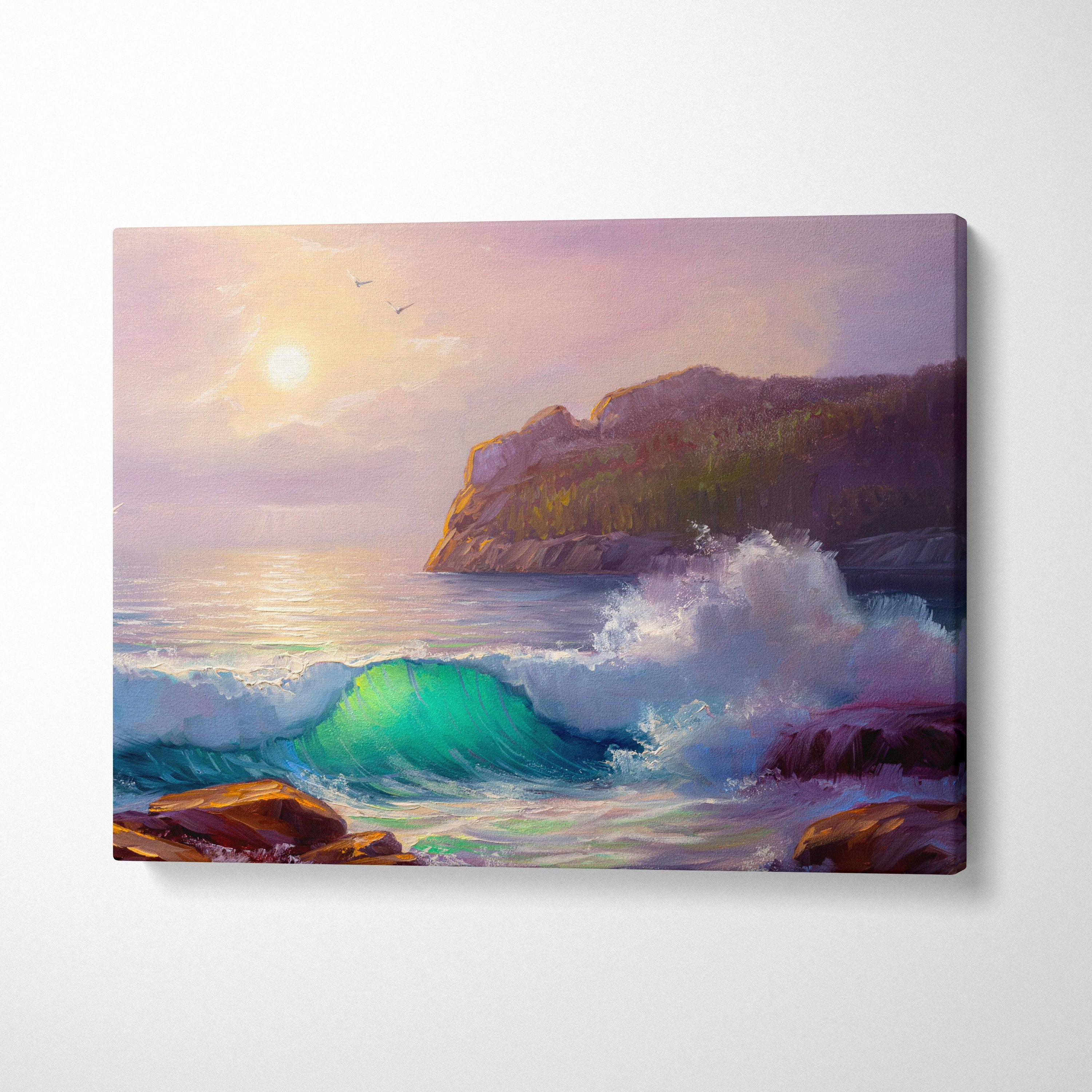 Ocean wave sunset painting style wall art canvas print featuring turquoise waves and golden coastal cliffs glow