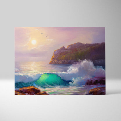 Ocean wave sunset painting style wall art featuring turquoise waves and golden sunset on coastal cliffs canvas print