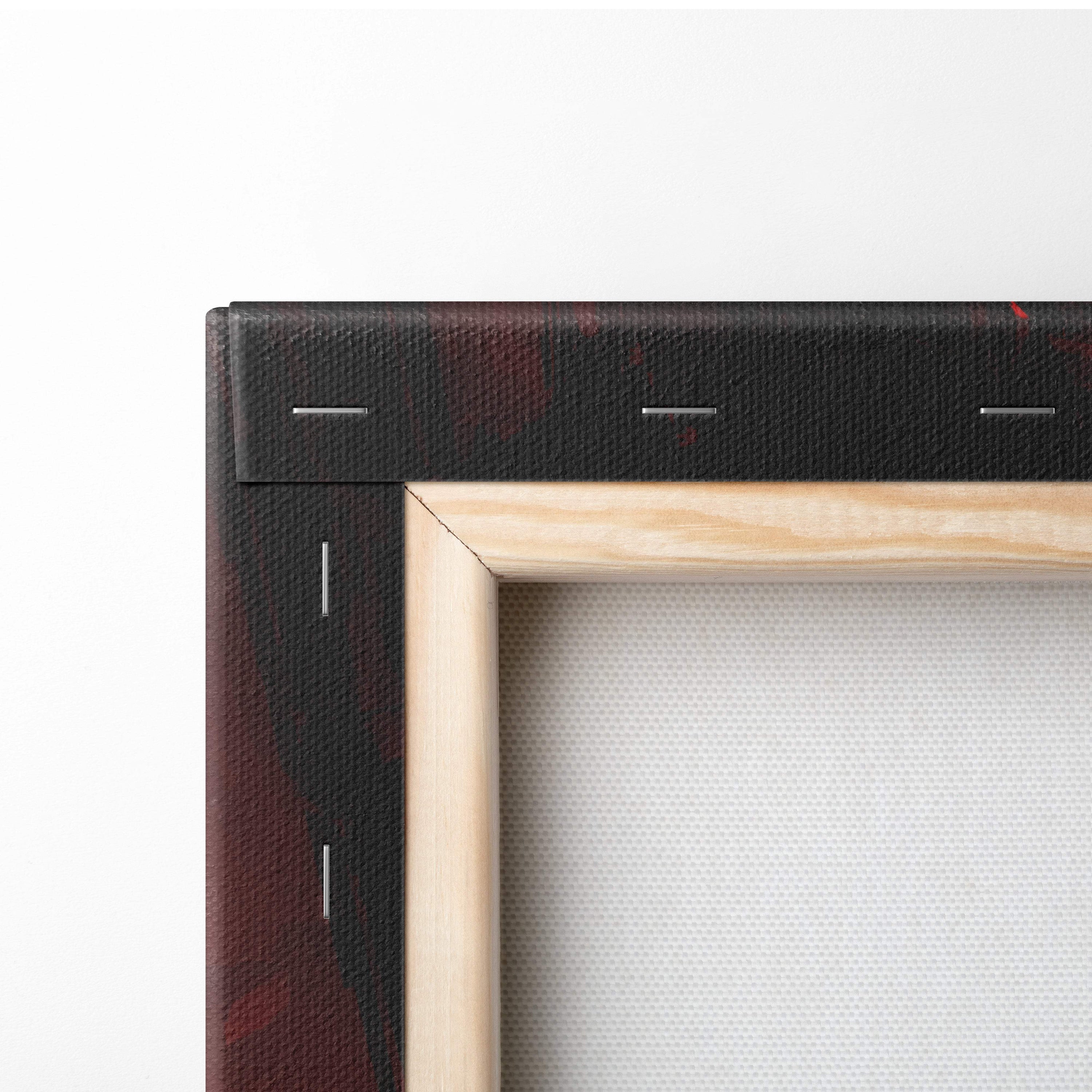 Black canvas stretched over light wood frame with white stitching on the back of burning ritual horror wall art print