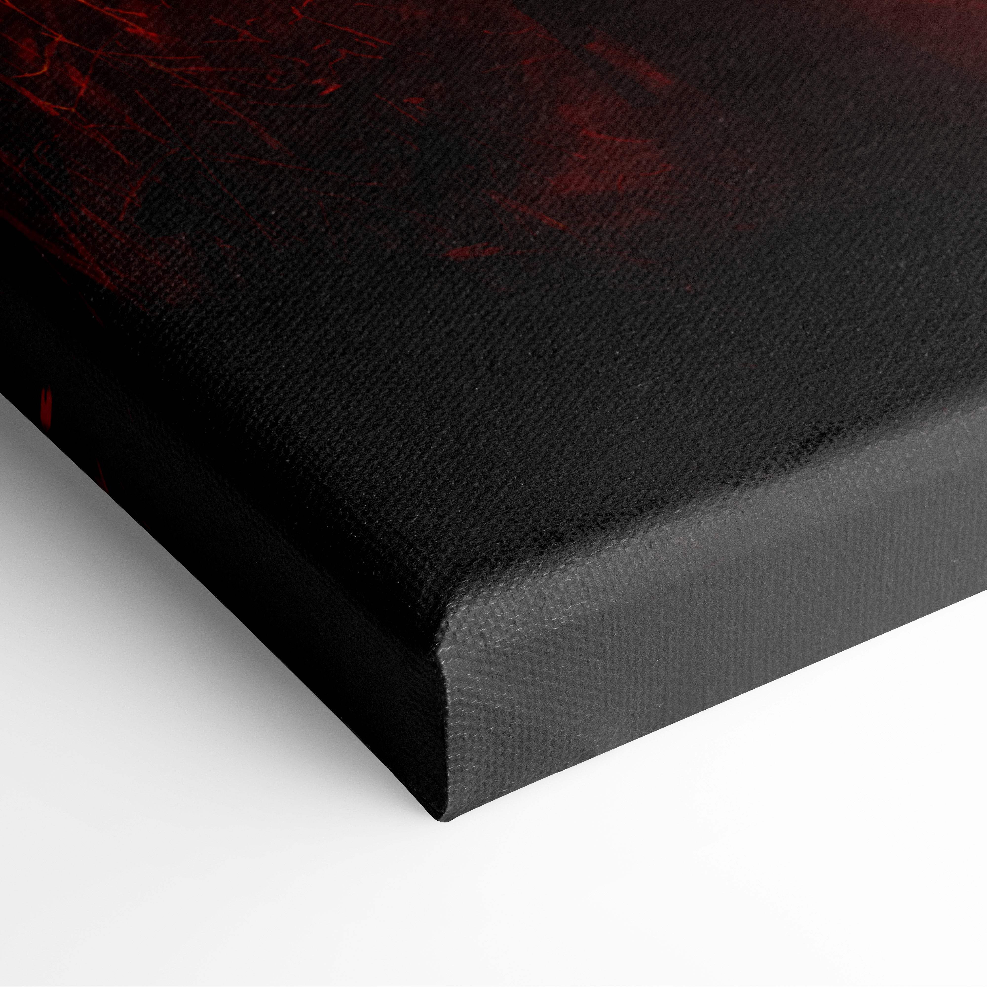 Black canvas print with textured surface and subtle red abstract patterns for fiery red inferno horror wall art