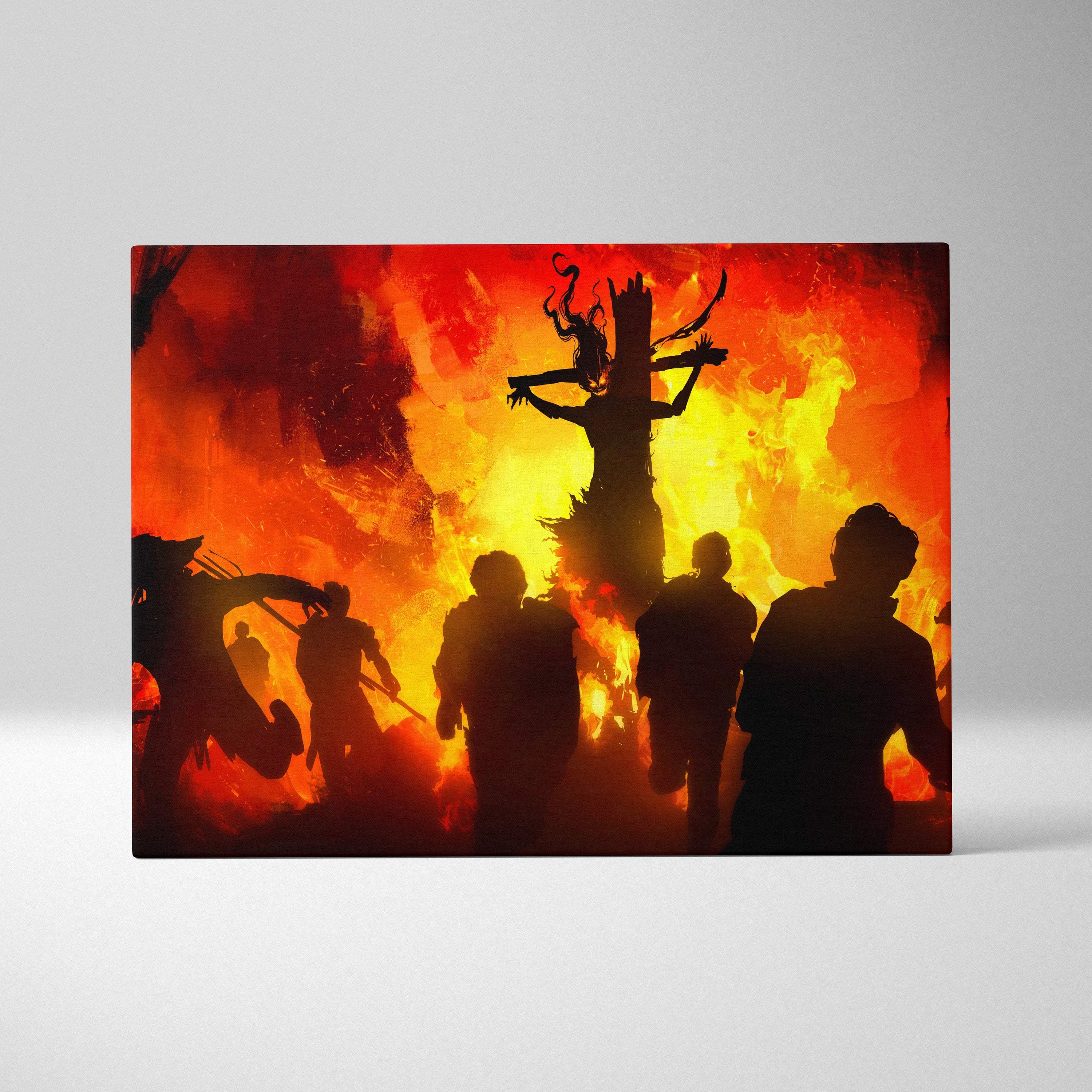 A rectangular canvas print showing a fiery red inferno with dark cult silhouettes in an apocalyptic gothic scene