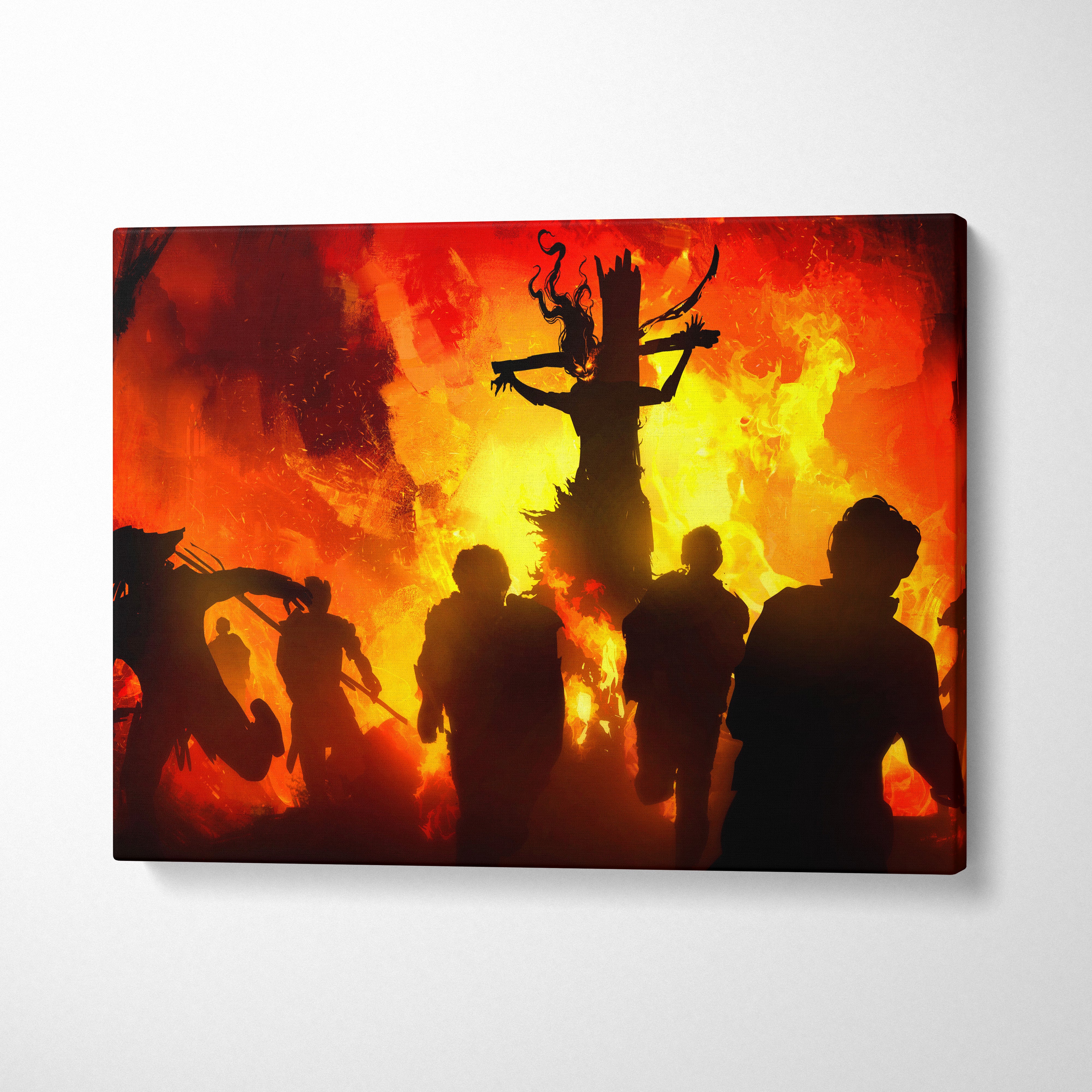 Burning Ritual Horror Canvas Wall Art – Fiery Red Inferno, Dark Cult Silhouettes, Apocalyptic Gothic Scene, Intense Cinematic Halloween Decor Print