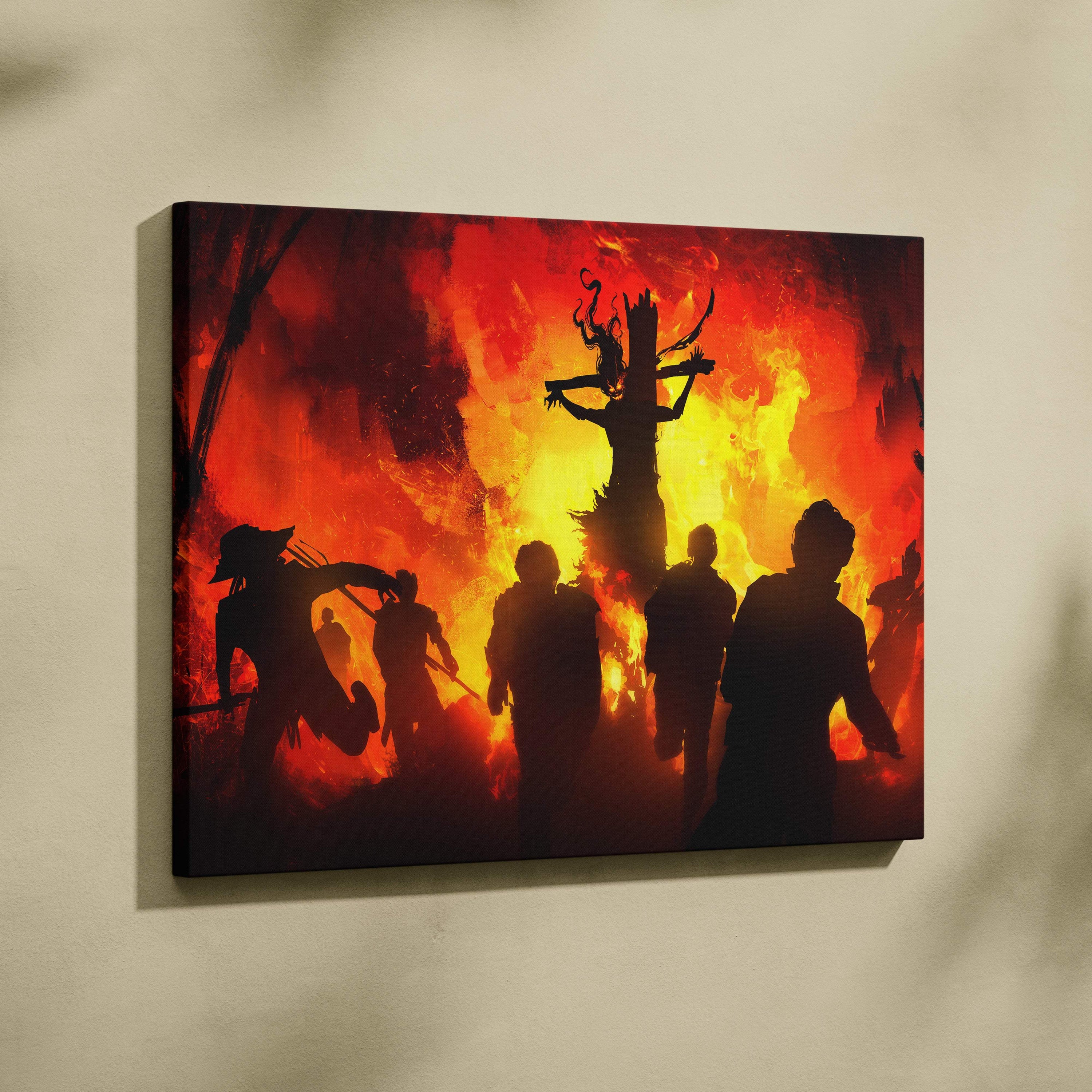 A rectangular canvas print featuring fiery red inferno and dark cult silhouettes in an apocalyptic halloween scene