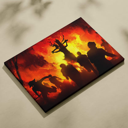 Burning ritual horror canvas wall art featuring vibrant red and orange silhouetted figures in dynamic combat on canvas