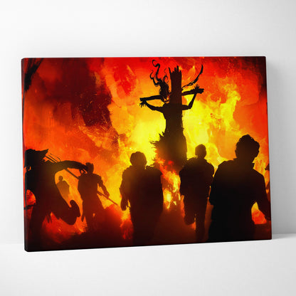 Canvas print of fiery red inferno with dark cult silhouettes in apocalyptic gothic scene for halloween decor
