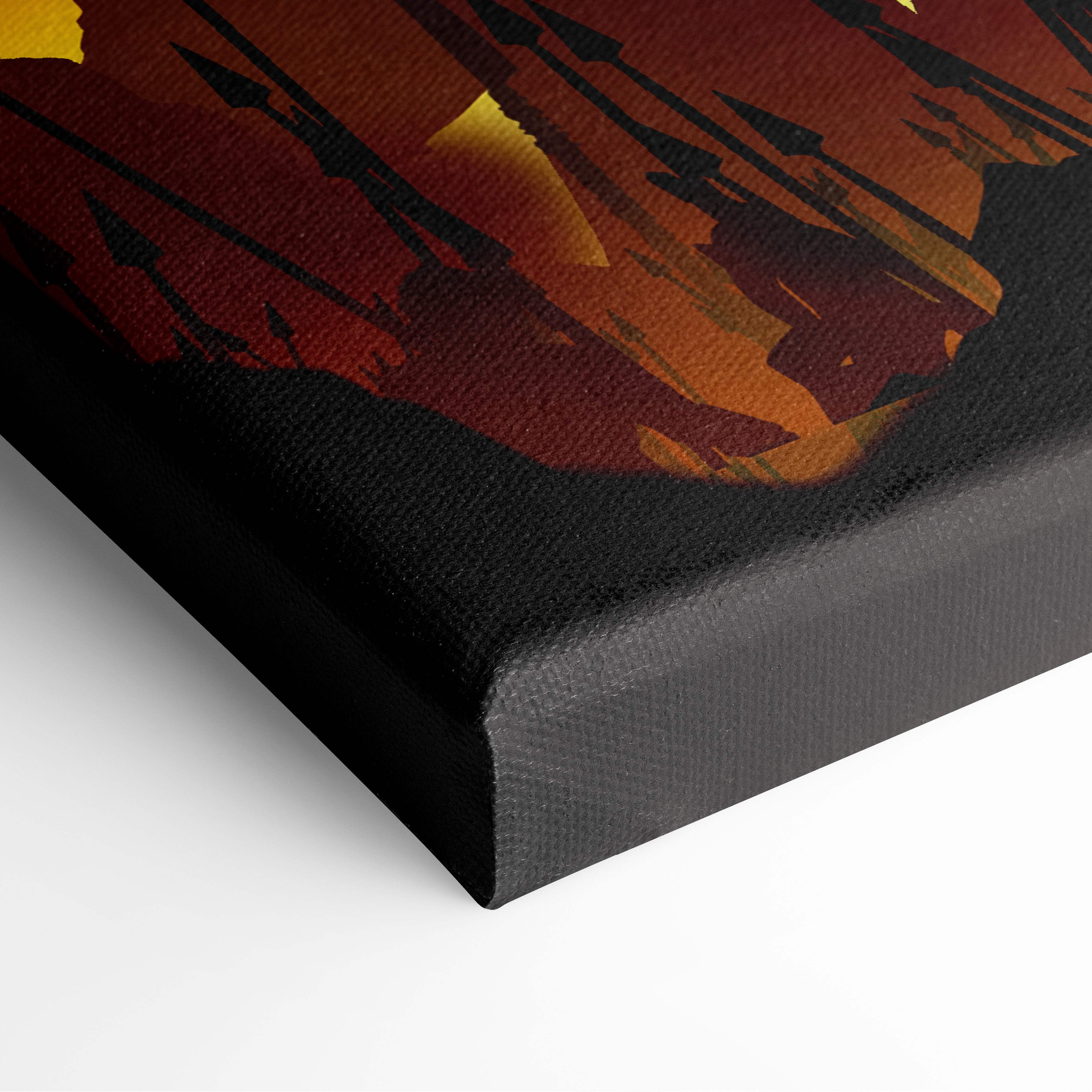 Black canvas print featuring a fiery red sky with meteor rain chaos and dark silhouette arrows in a gothic fantasy design