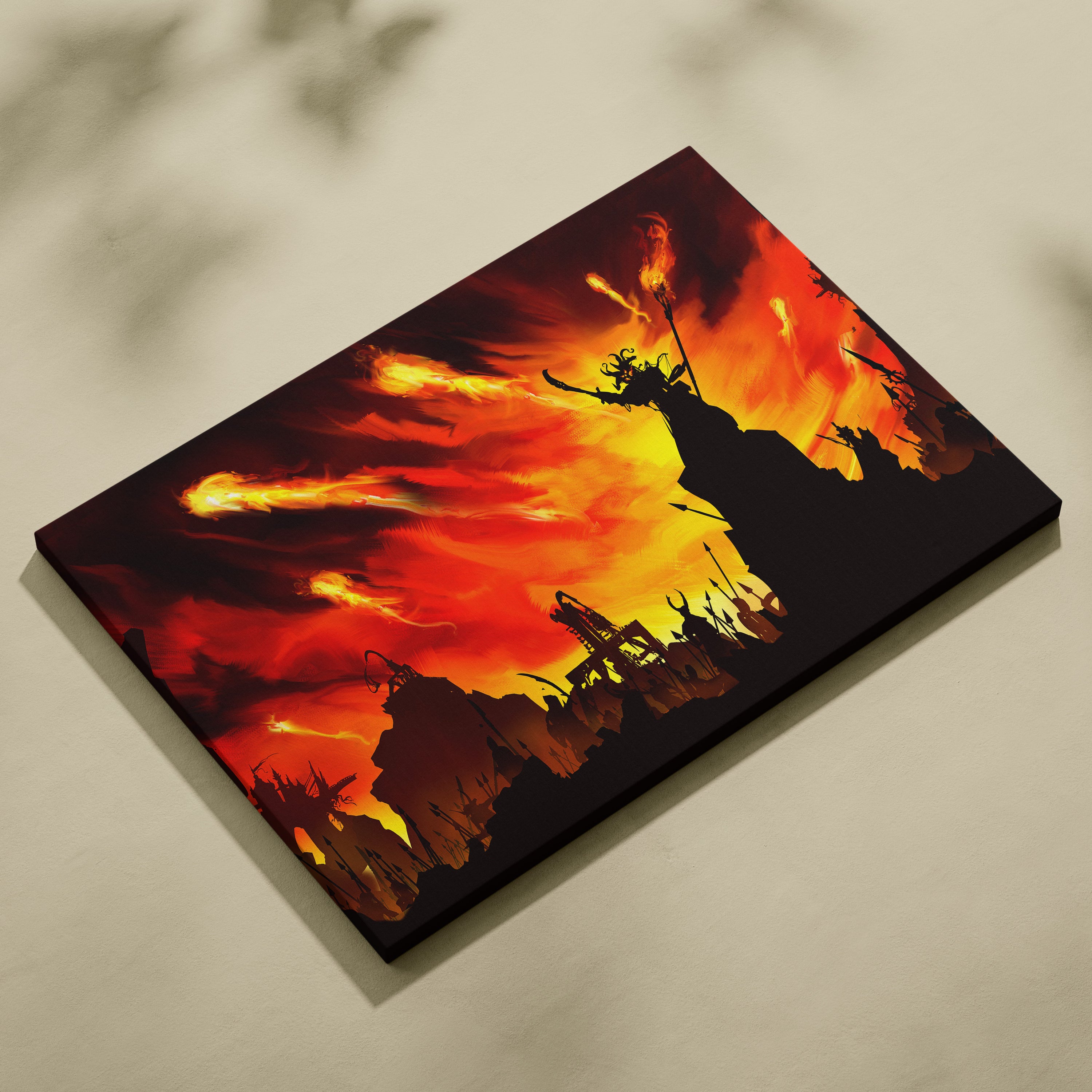 Apocalyptic Firestorm War Canvas Wall Art – Fiery Red Sky, Meteor Rain Chaos, Dark Fantasy Silhouette Army, Epic End-of-World Gothic Decor Print