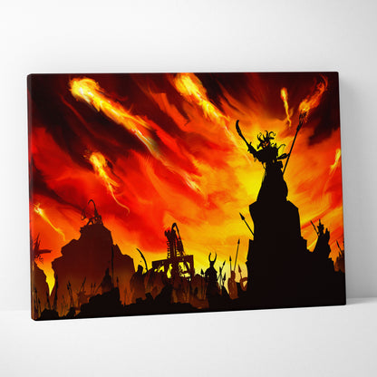 Apocalyptic Firestorm War Canvas Wall Art – Fiery Red Sky, Meteor Rain Chaos, Dark Fantasy Silhouette Army, Epic End-of-World Gothic Decor Print