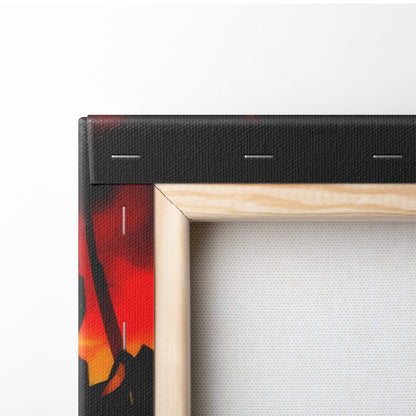 A framed canvas print of epic samurai battlefield with fiery red and orange sunset sky and light wood frame