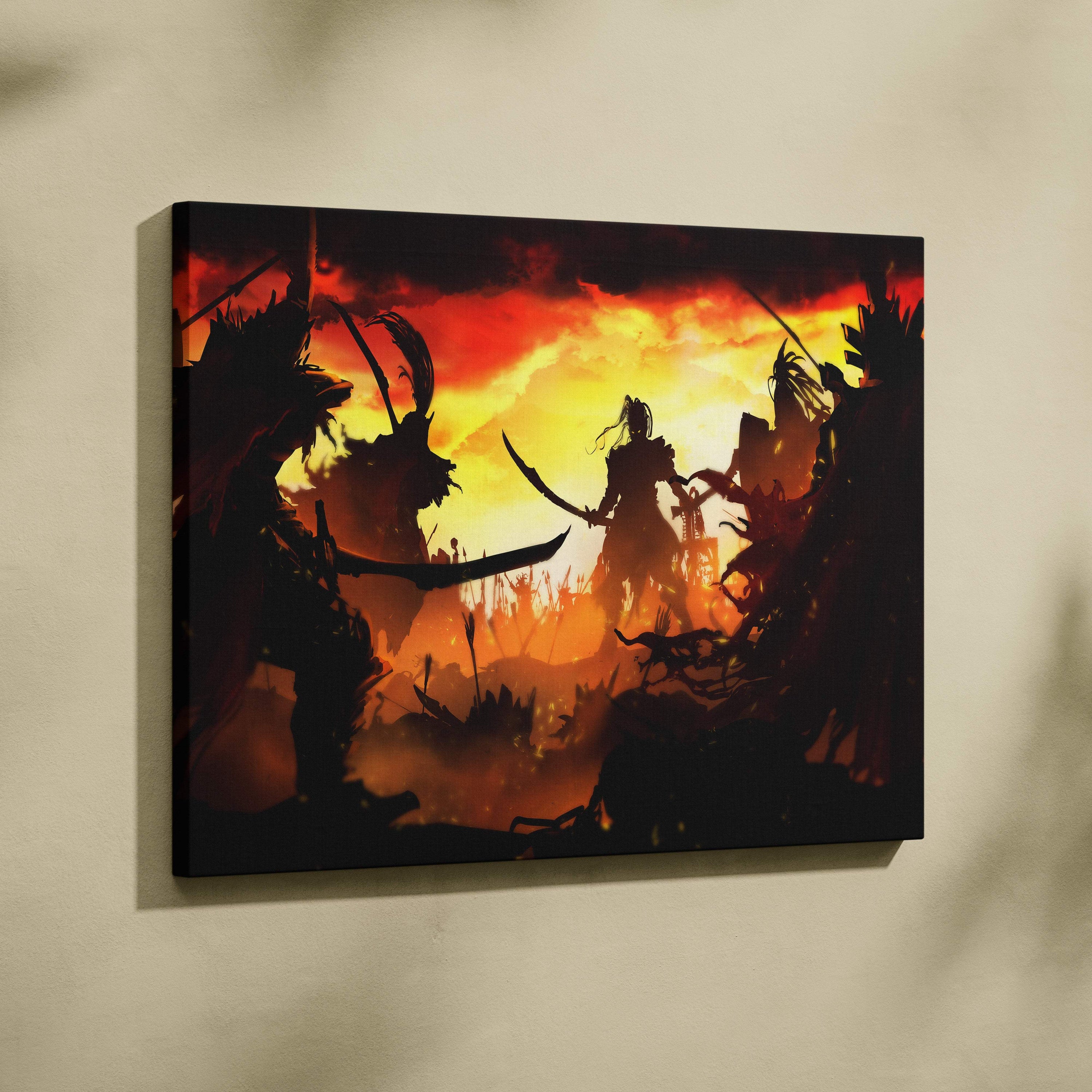 A rectangular canvas print of a fiery sunset sky with dark samurai warrior silhouettes in a dramatic battlefield scene