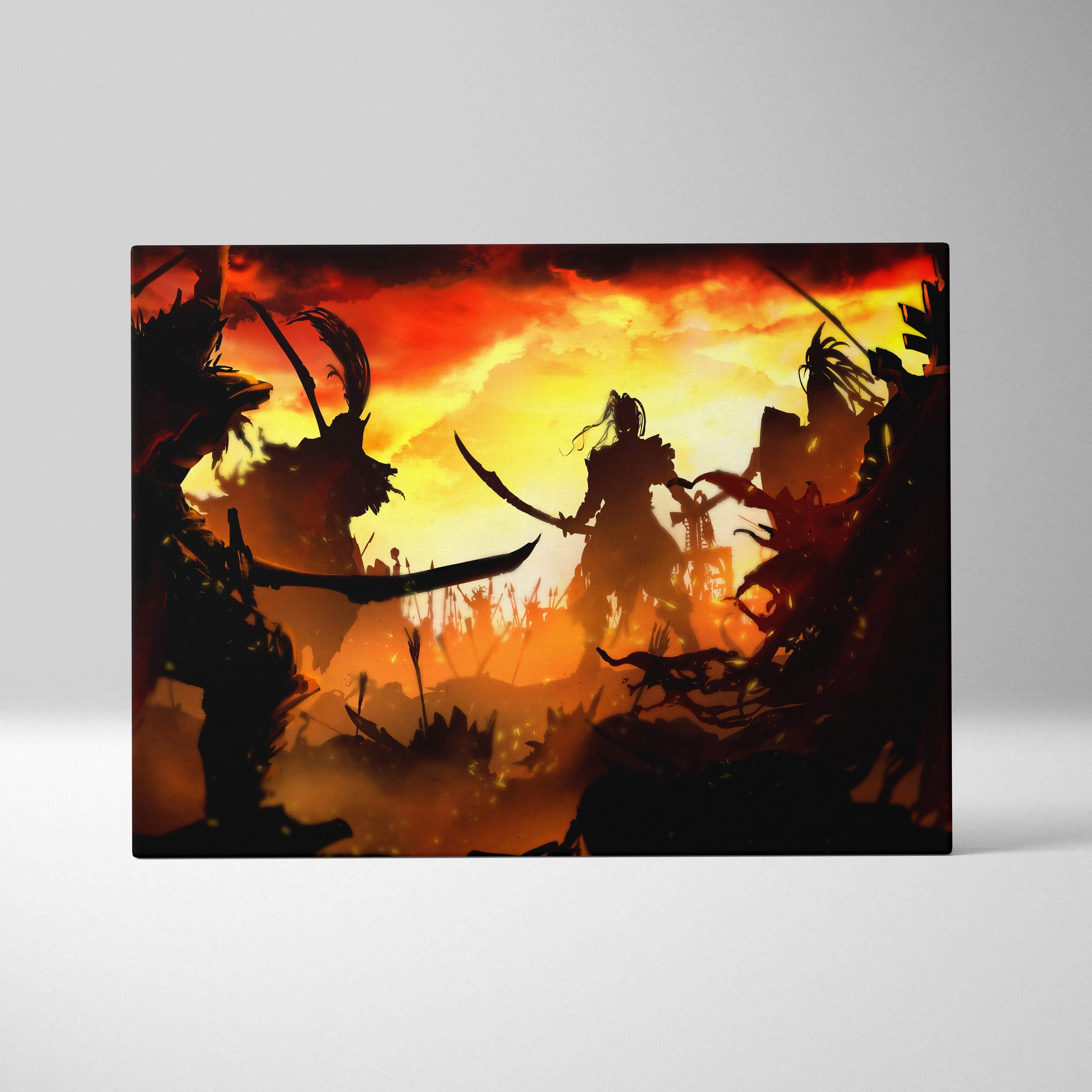 A rectangular canvas print of an epic samurai battlefield with dark warrior silhouettes against a fiery sunset sky