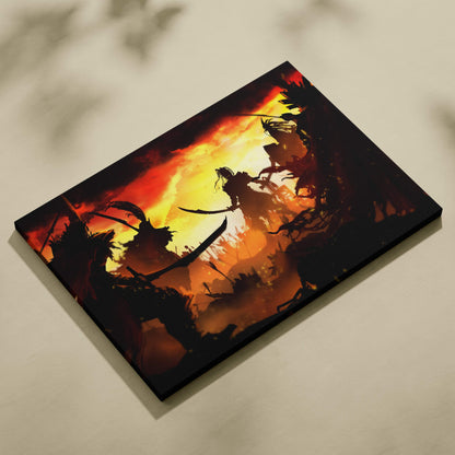 A rectangular canvas print of a fiery samurai battlefield scene with dark silhouettes against a red sunset sky