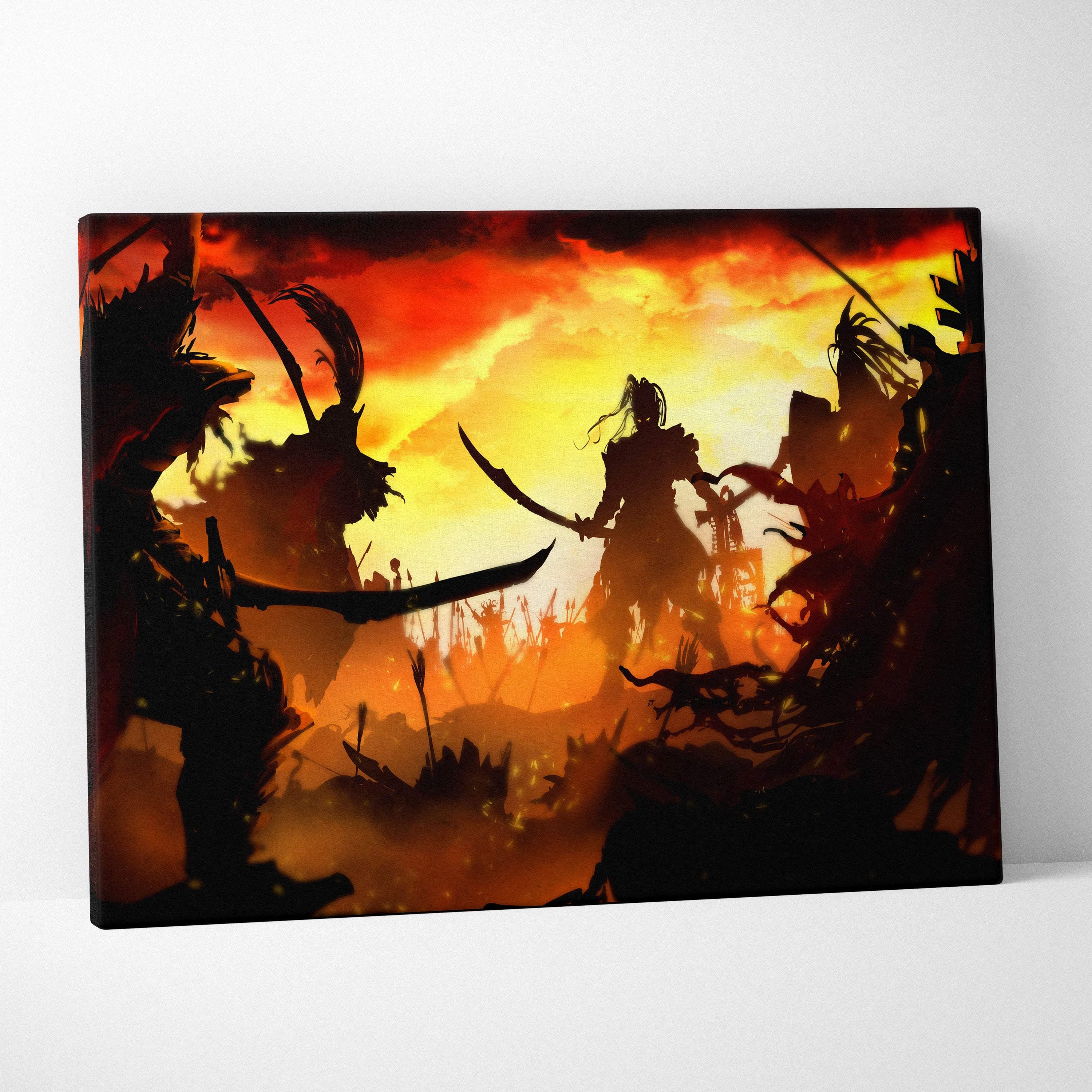 Epic samurai battlefield canvas print with fiery sunset sky and dark warrior silhouettes for dramatic wall decor