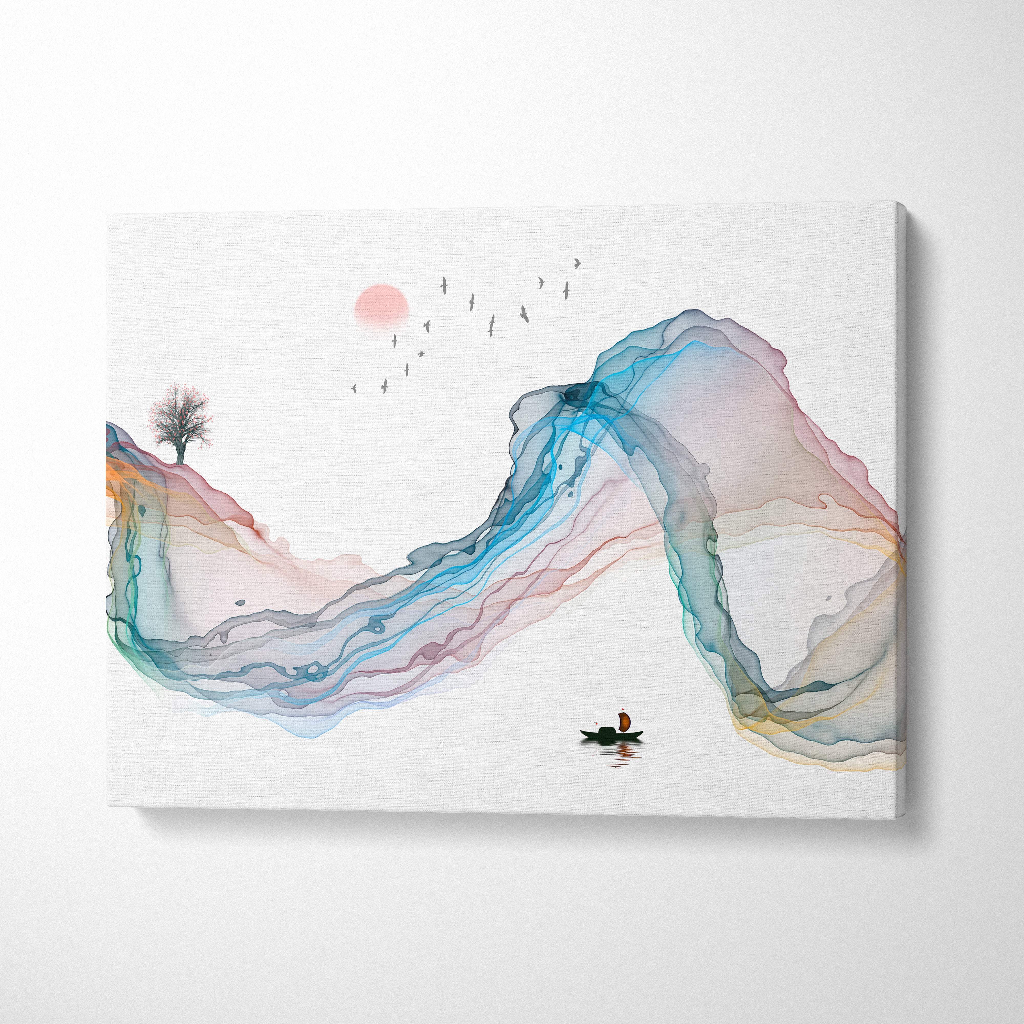 Minimalist abstract mountain canvas wall art with flowing blue pink and teal watercolor hues for calm Japandi interiors
