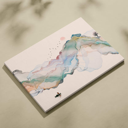 Minimalist abstract mountain canvas wall art print with teal pink and soft blue watercolor landscape on creamy white