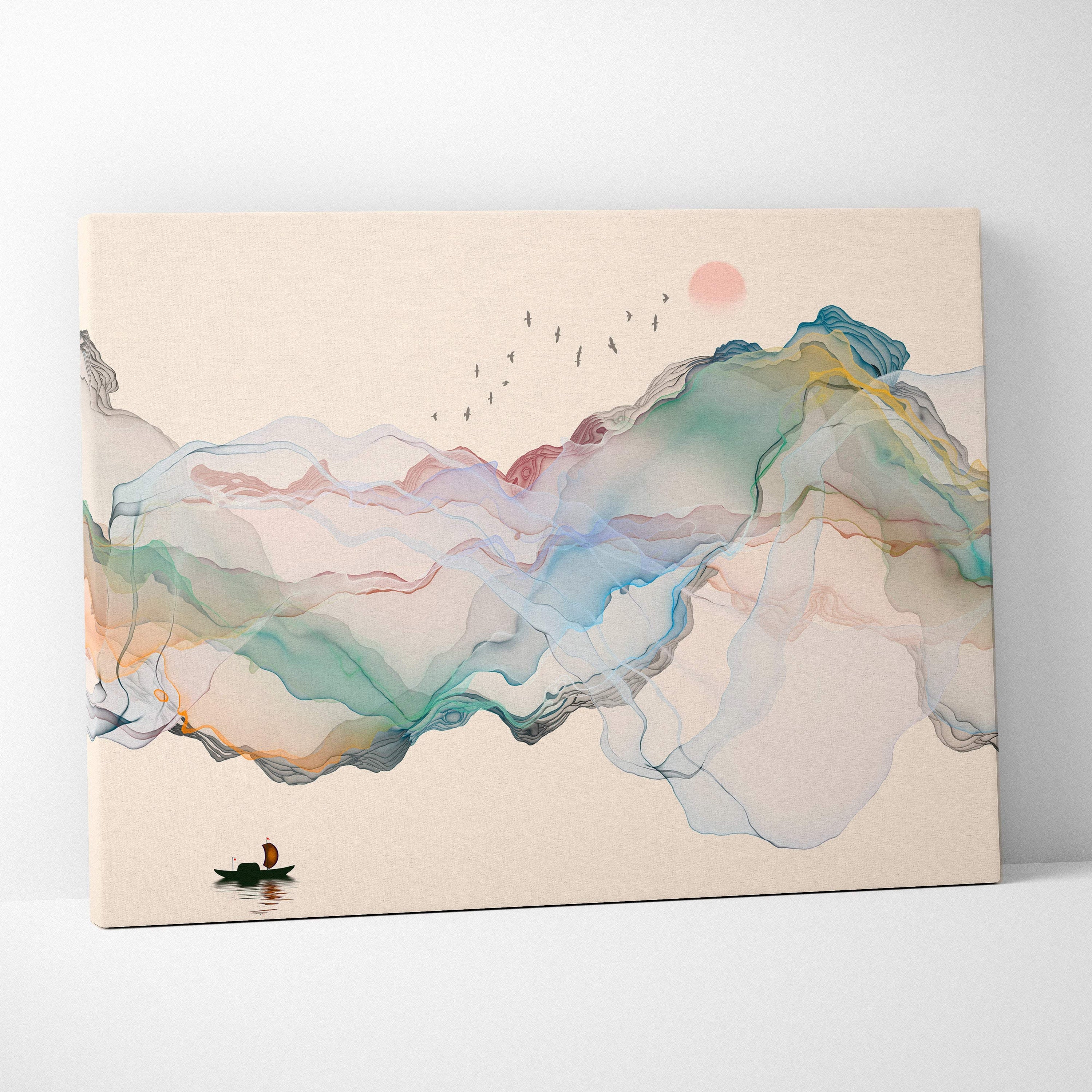 Minimalist abstract mountain canvas wall art print with soft teal peach ink landscape and a small boat in muted pastels