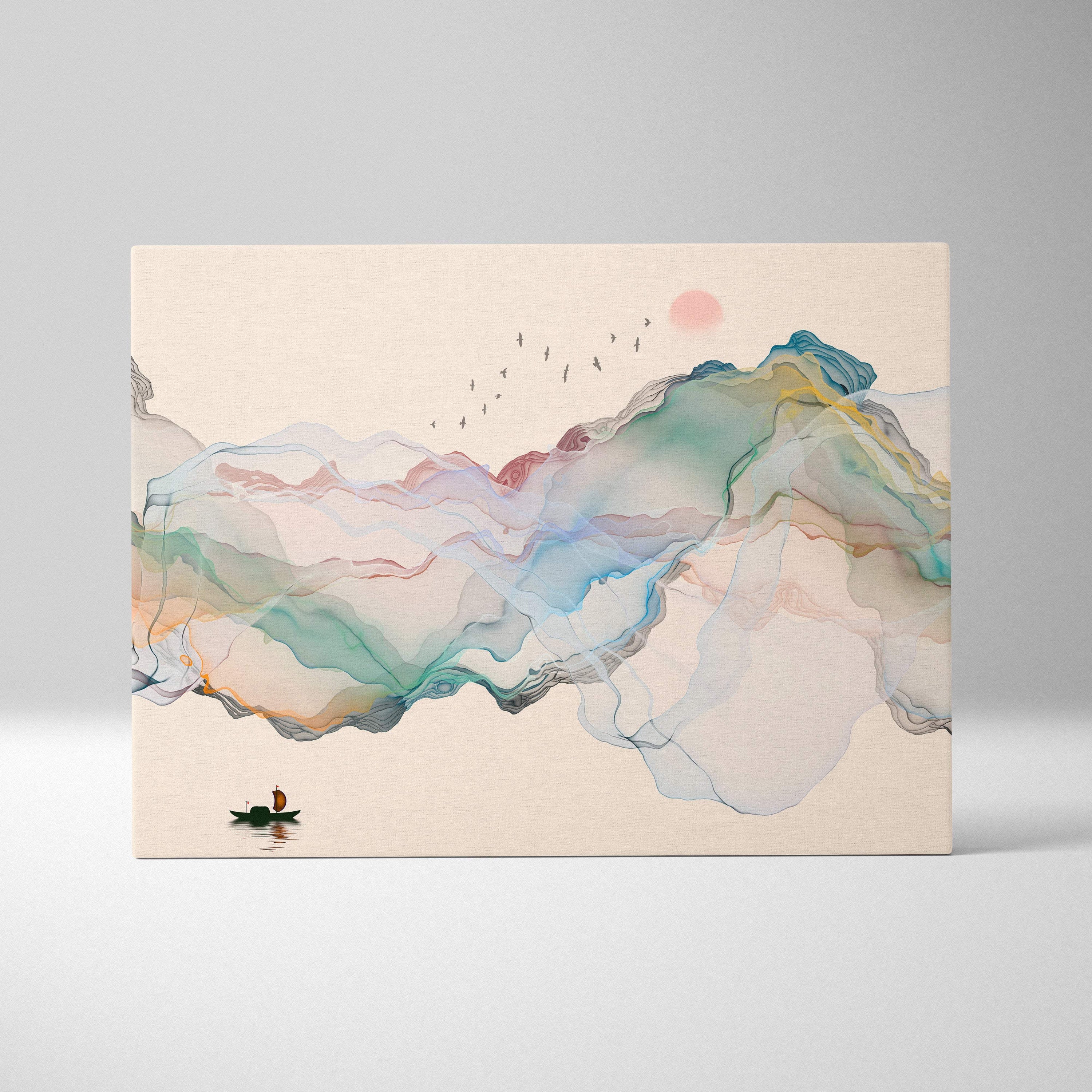 Minimalist abstract mountain canvas print with soft teal and peach watercolor mountains and small boat for zen decor