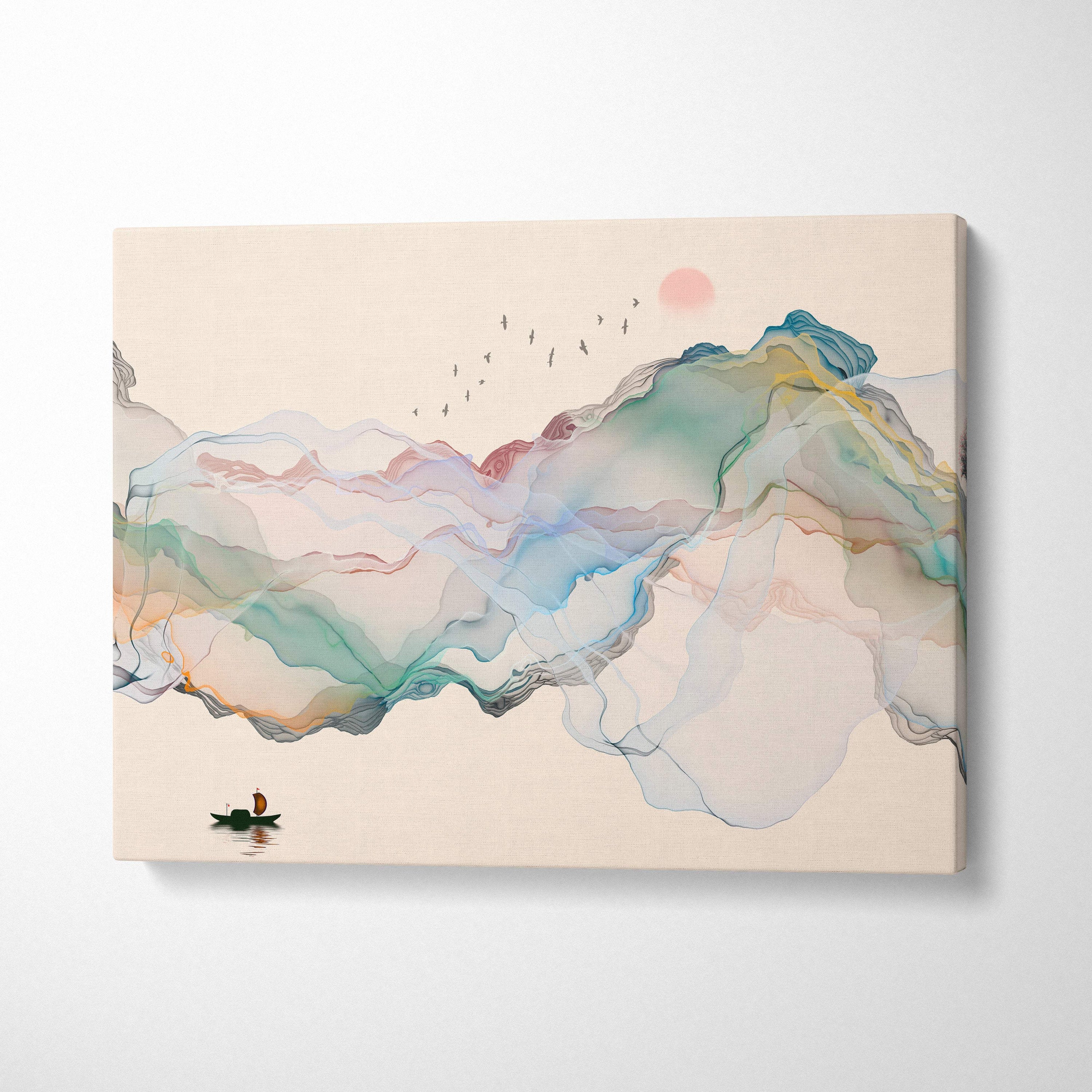 Minimalist abstract mountain canvas wall art print with soft teal peach watercolor mountains and a small green boat