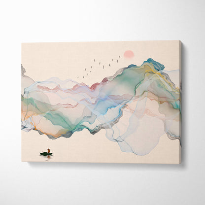 Minimalist abstract mountain canvas wall art print with soft teal peach watercolor mountains and a small green boat