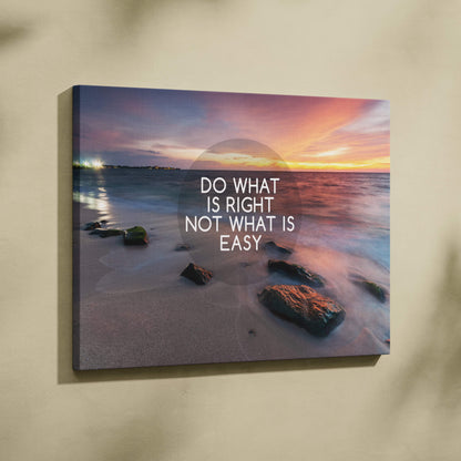 Motivational beach sunset canvas wall art with soft orange and purple hues featuring do what is right inspirational quote print