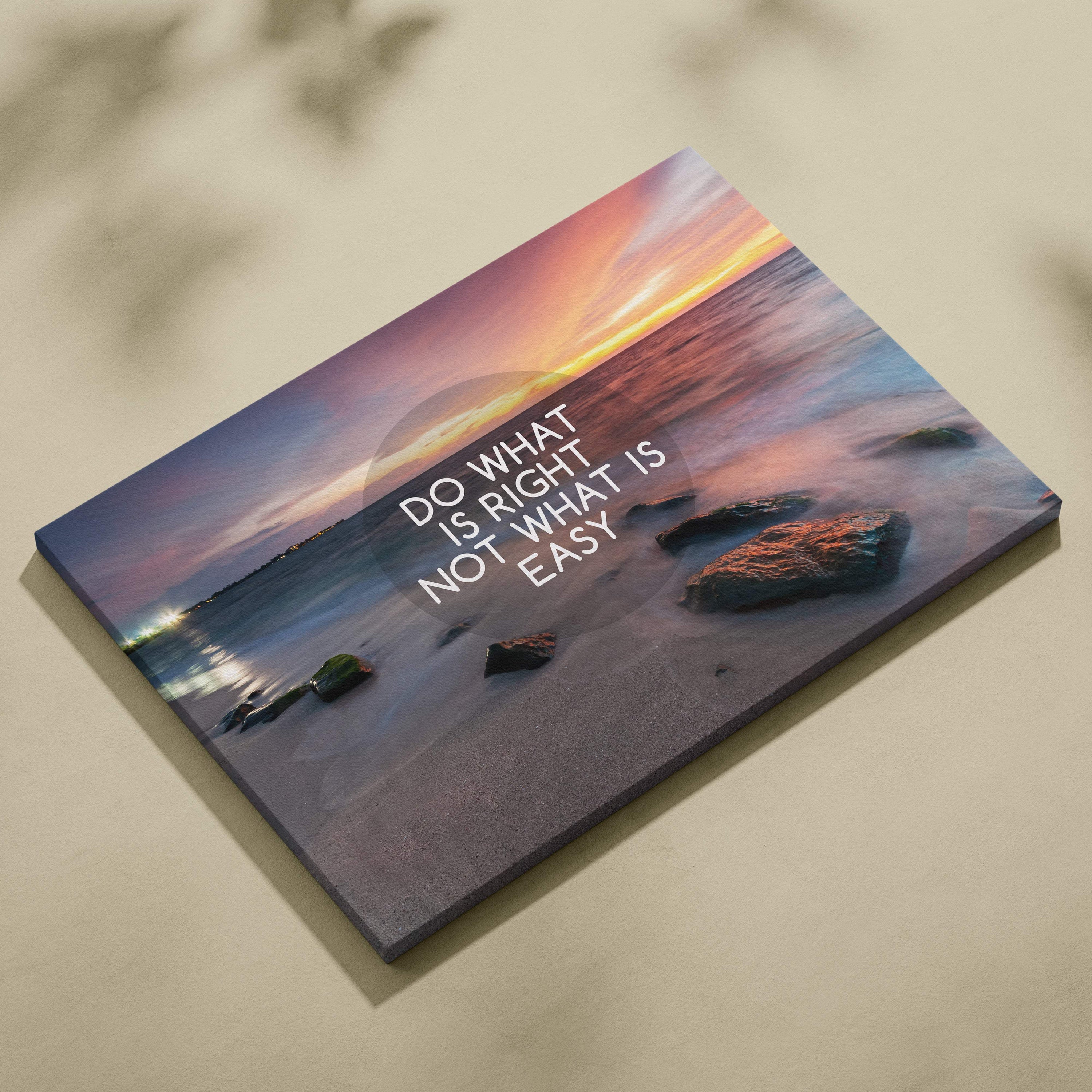 Motivational beach sunset canvas wall art with vibrant pink and blue coastal photography and do what is right quote print