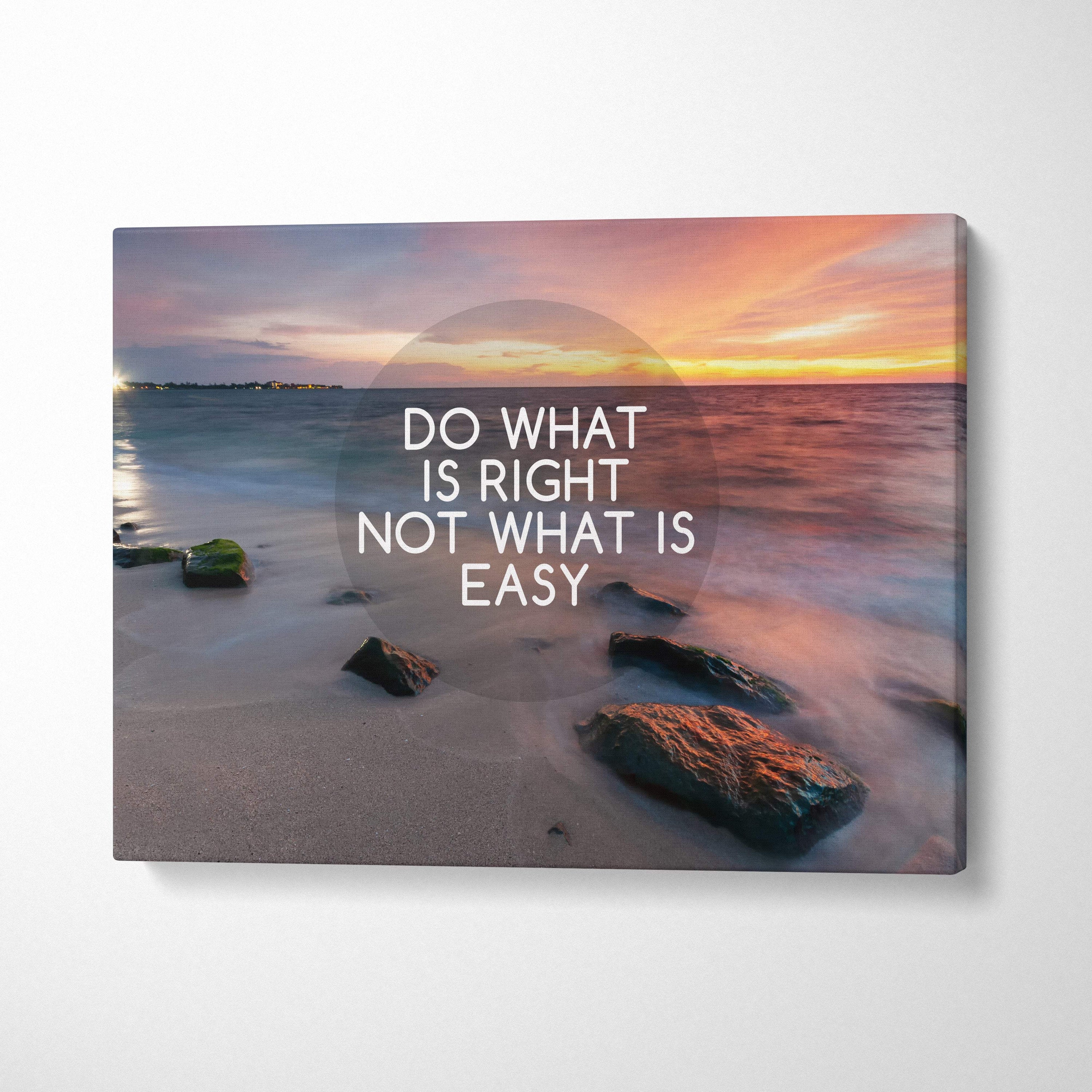 Motivational beach sunset canvas wall art with pink and blue coastal photography and do what is right inspirational quote print