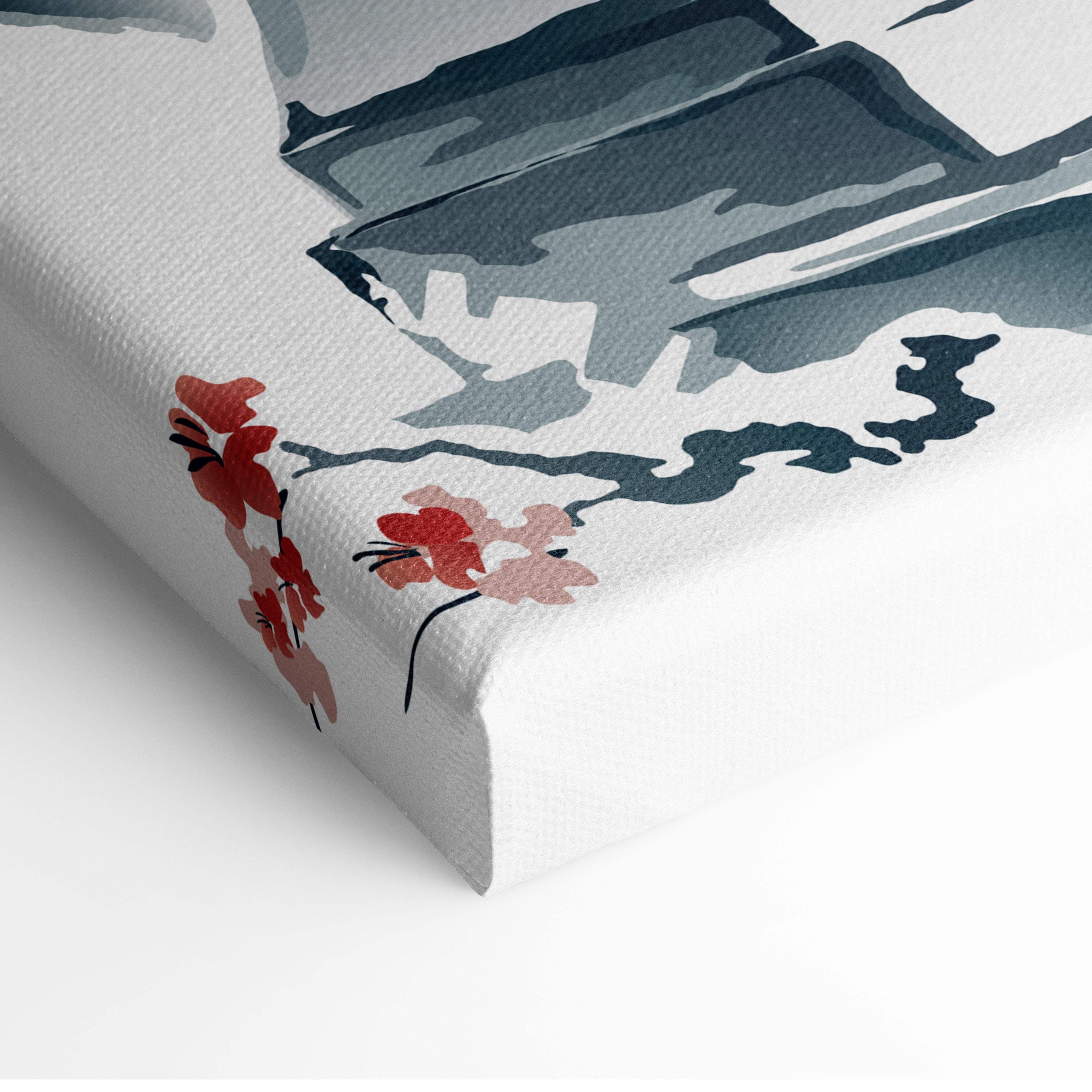 Mount Fuji Japanese garden canvas wall art with stylized red and pink cherry blossoms and gray mountain silhouettes