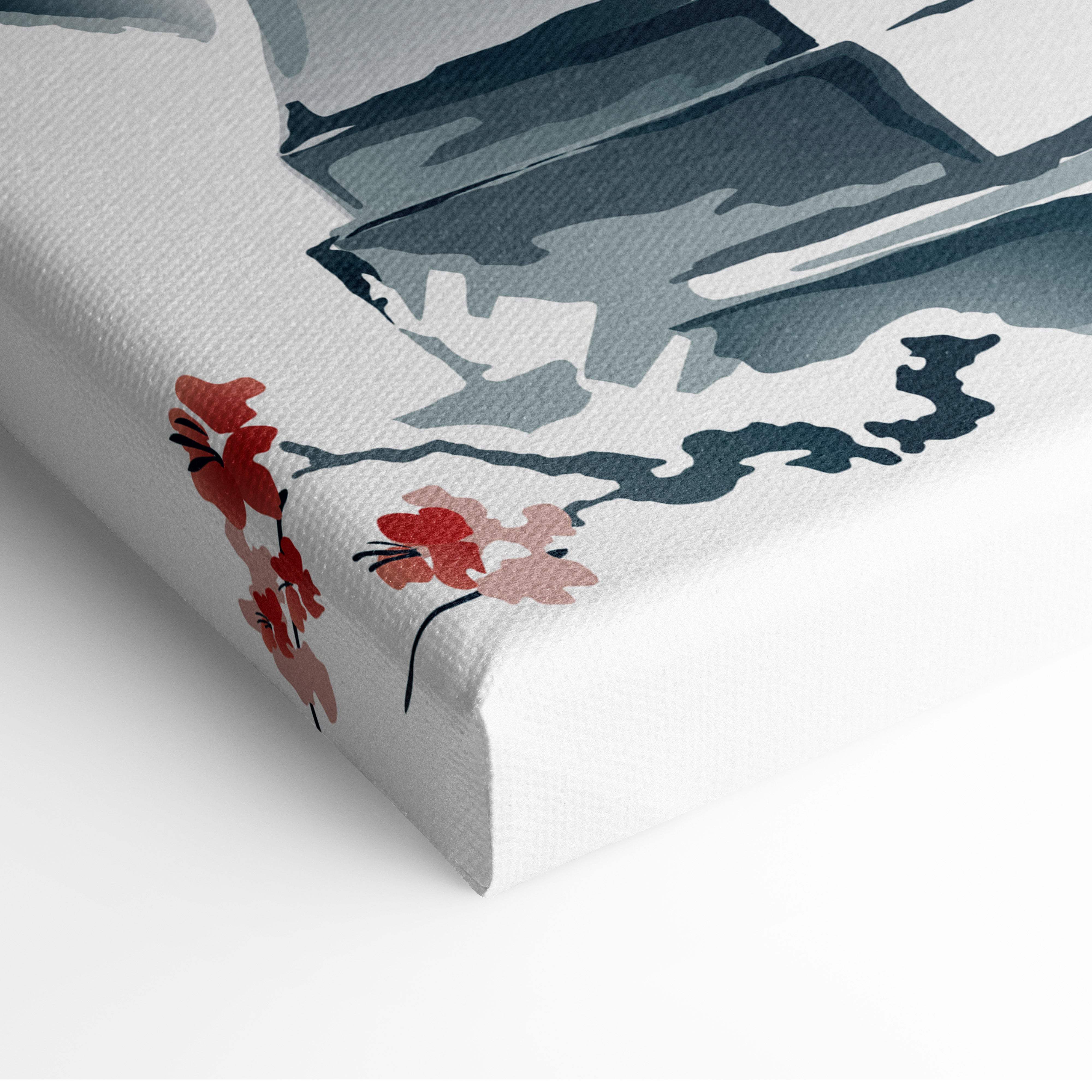 Mount Fuji Japanese garden canvas wall art with stylized red and pink cherry blossoms and gray mountain silhouettes